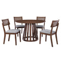 5 Piece Retro Dining Set With 1 Round Dining Table And 4 Upholstered Chairs With Rattan Backrests For Dining Room And Kitchen Walnut Walnut Solid Wood Mdf