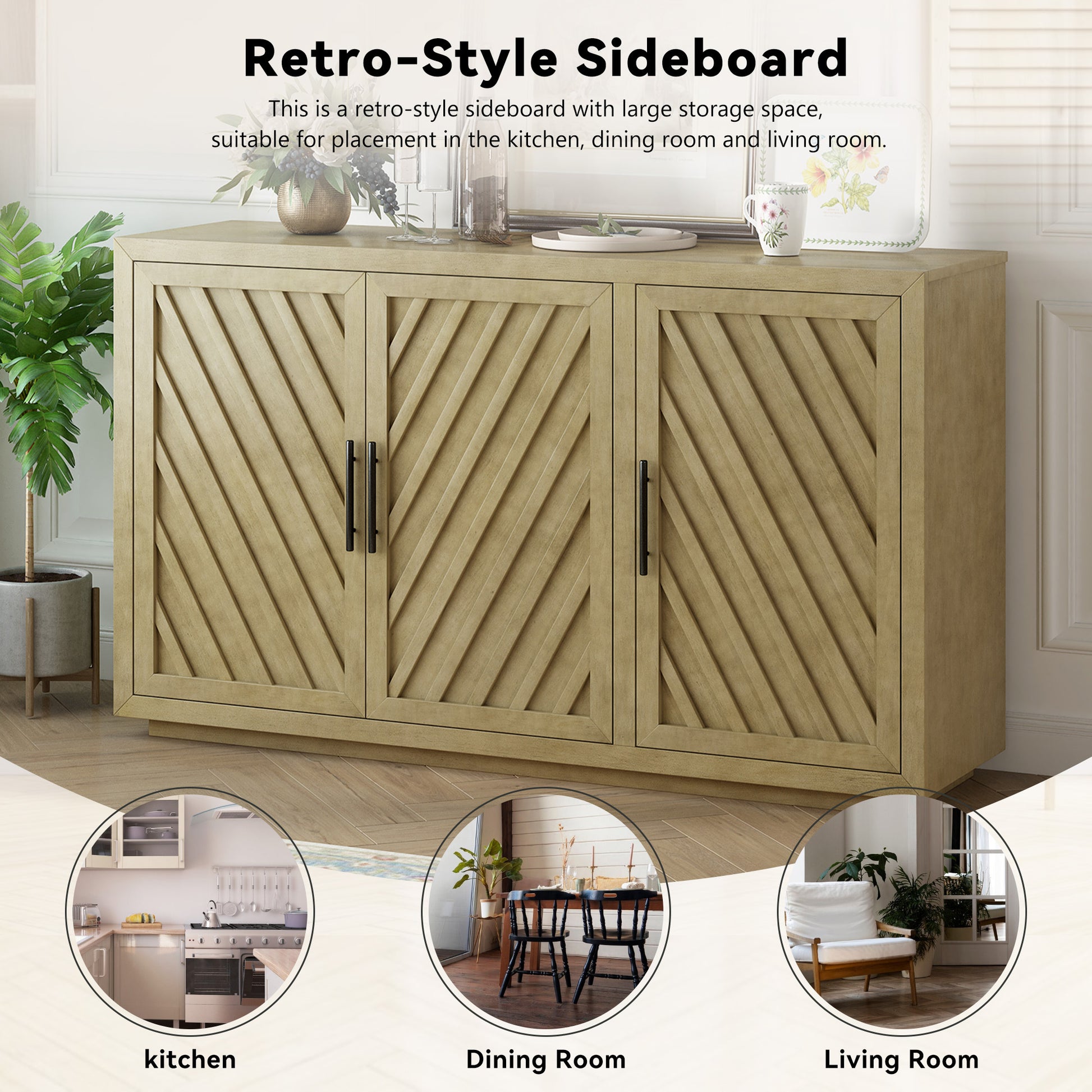 3 Door Large Storage Retro Sideboard with antique natural-solid wood+mdf