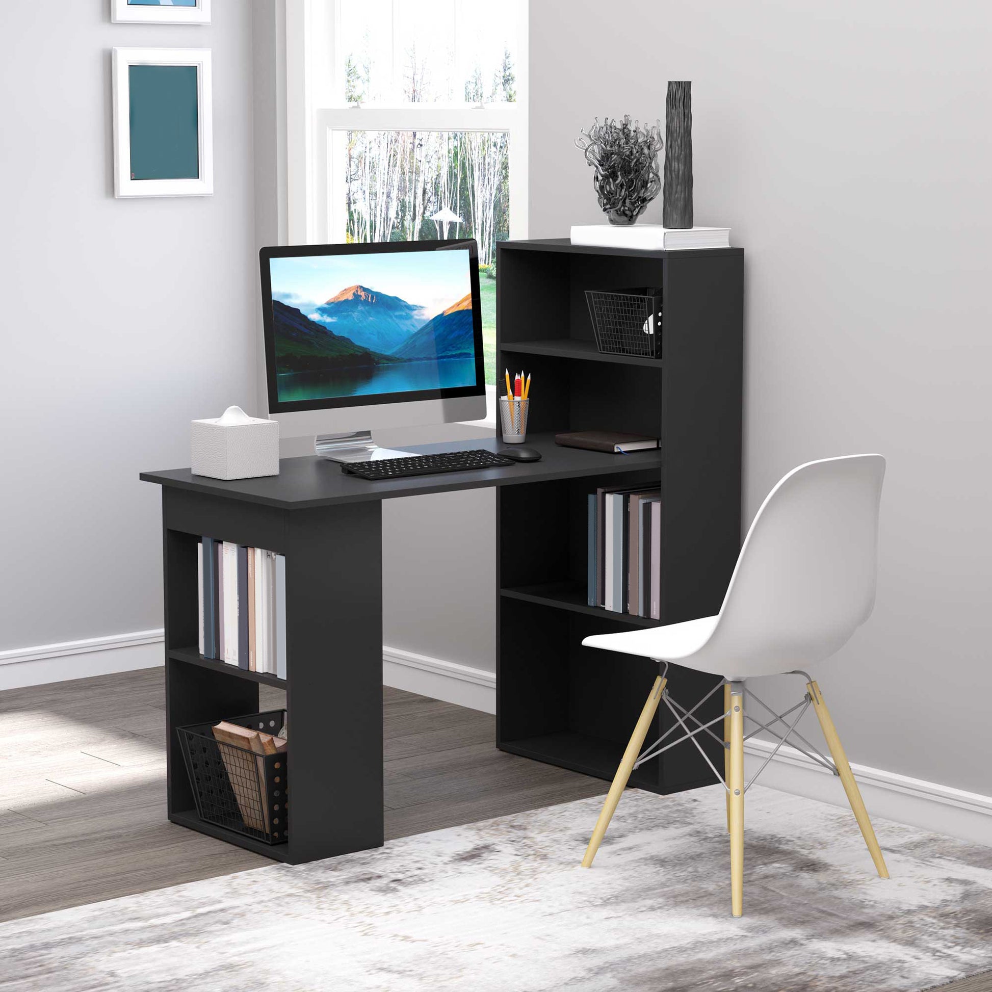 Homcom Modern Home Office Desk With 6 Tier Storage Shelves, 47" Writing Table With Bookshelf, Black Black Engineered Wood