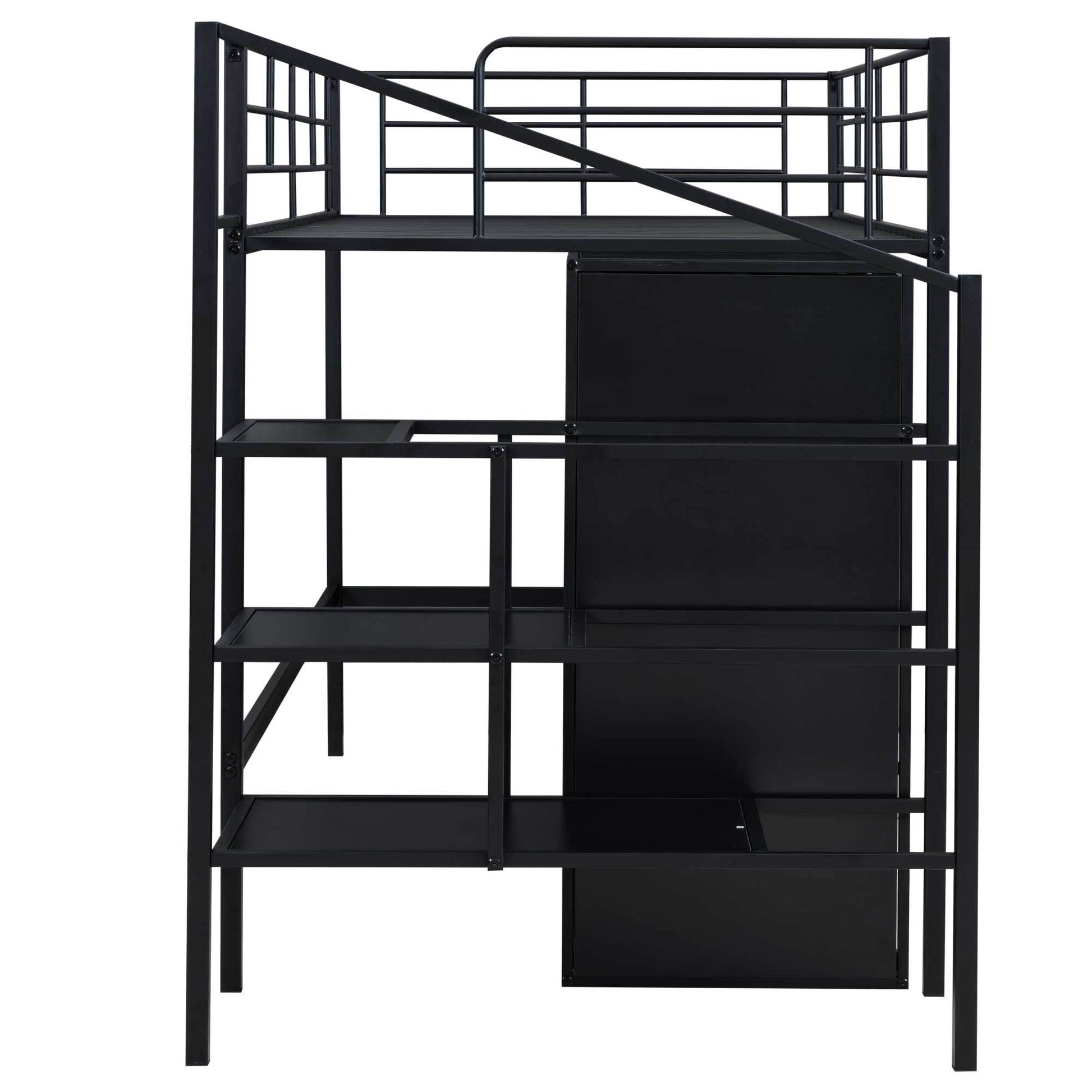 Twin Size Metal Loft Bed With Drawers, Storage Staircase And Small Wardrobe Twin Black Mdf Metal