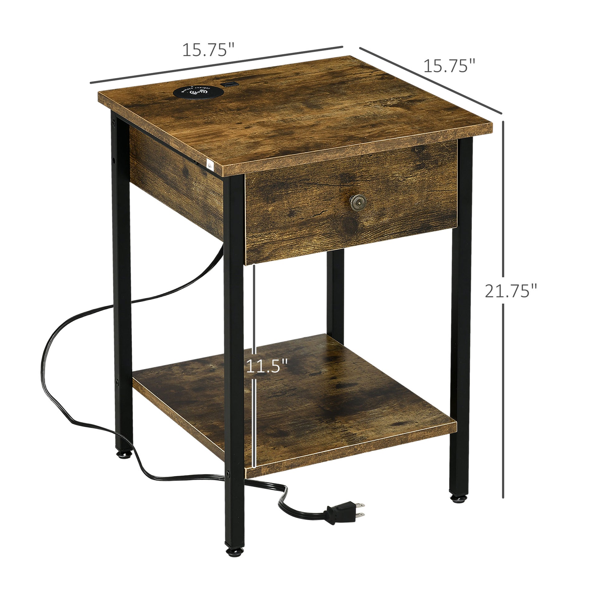 Homcom End Table With Wireless Charging Station And 2 Usb Ports, Small Side Table With 2 Tier Storage, Drawer For Living Room, Bedroom, Rustic Brown Brown Particle Board