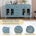 6 Drawer And 2 Cabinet Retro Sideboard With Extra Large Storage Space, With Gold Handles And Solid Wood Legs, For Kitchen And Living Room Antique Blue Antique Blue Solid Wood Mdf