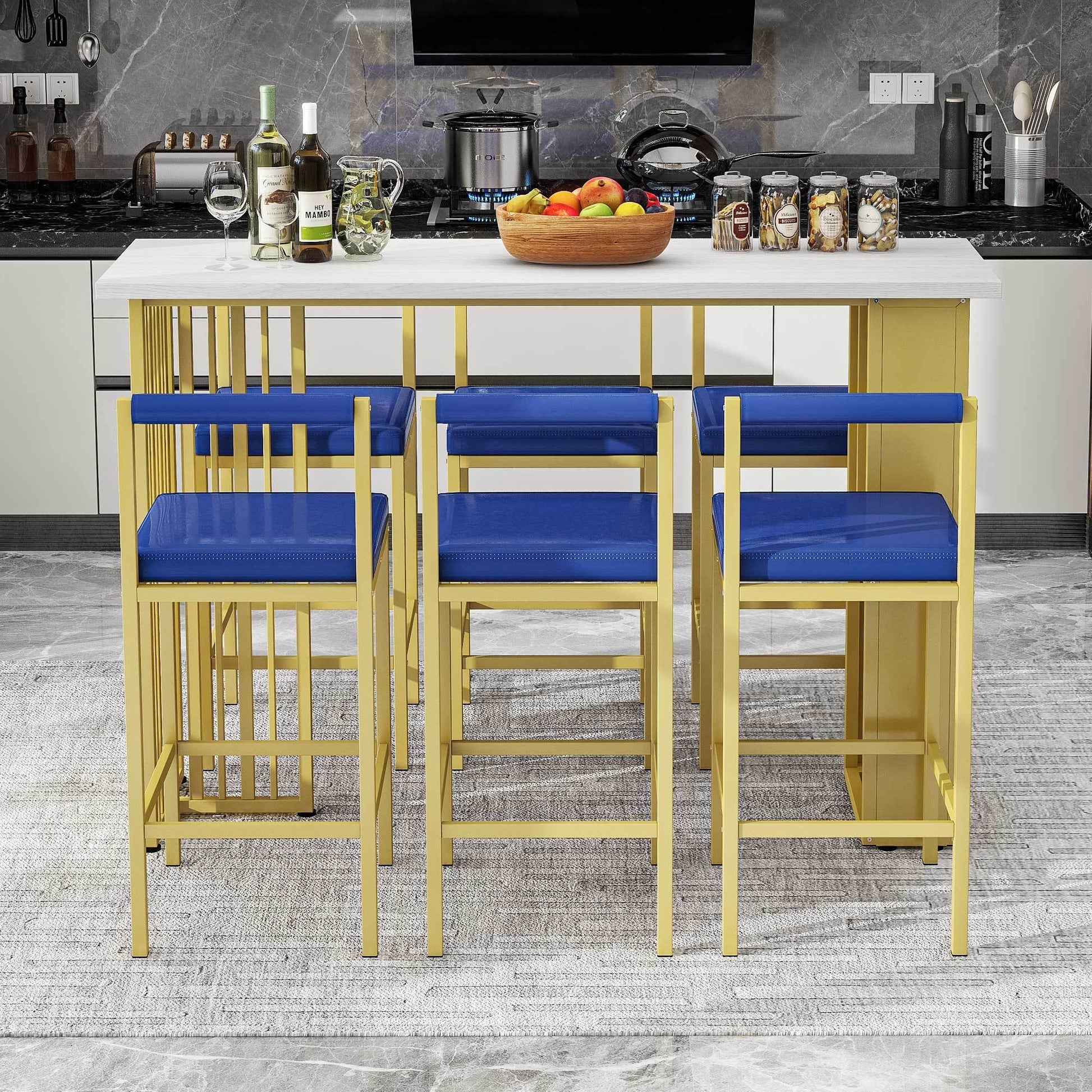 7 Piece Multi Functional Modern Counter Height Dining Bar Table Set With Open Shelves And 6 Upholstered Stools For Dining Room, Bar And Cafe White And Blue White Blue Mdf Metal