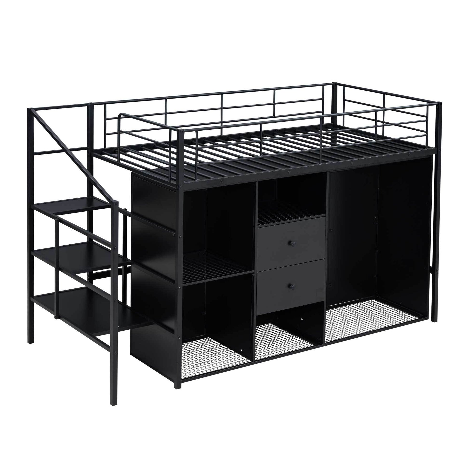 Twin Size Metal Loft Bed With Drawers, Storage Staircase And Small Wardrobe Twin Black Mdf Metal