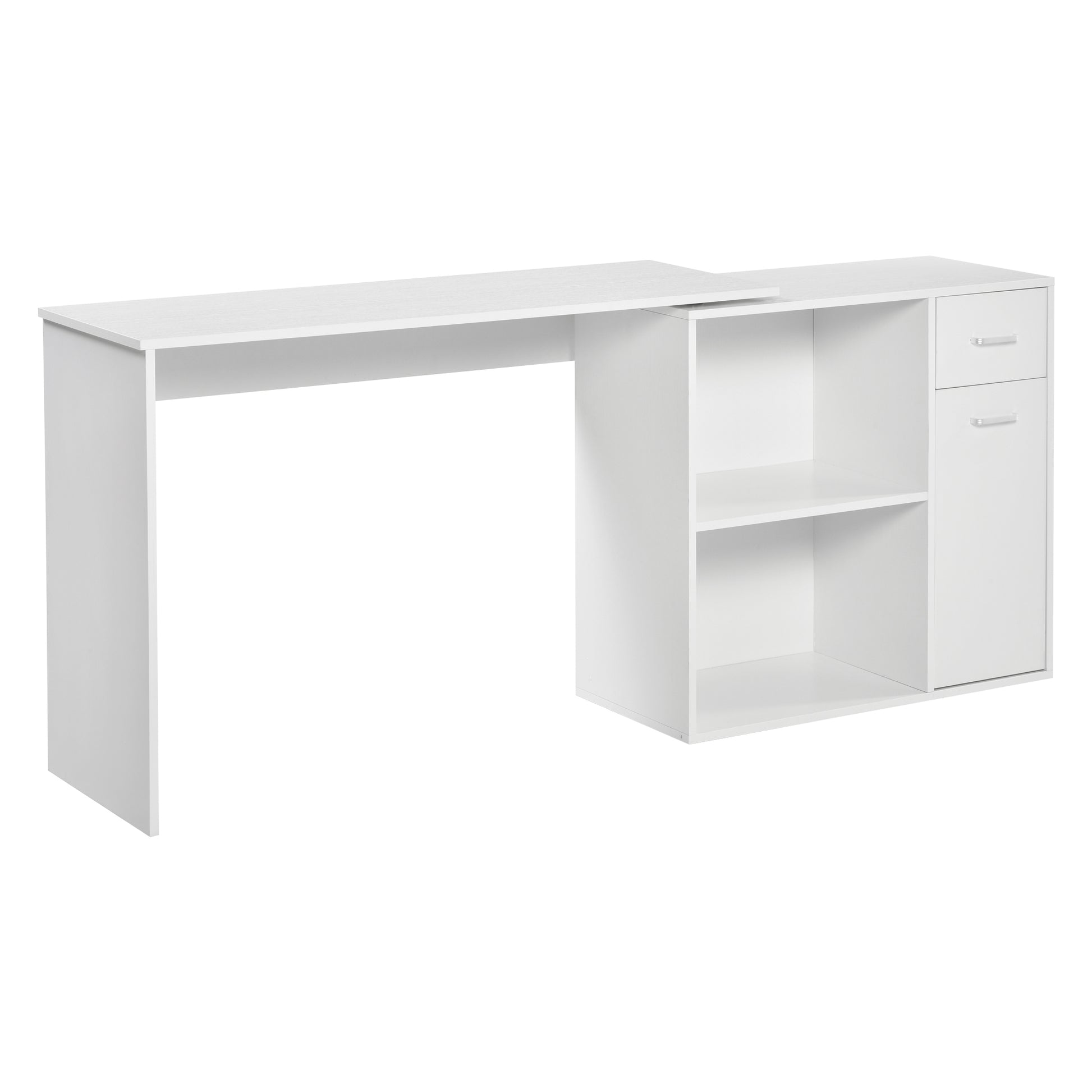 Homcom L Shaped Computer Desk, 180 Rotating Corner Desk With Storage Shelves, Drawer And Cabinet, Study Workstation For Home Office, White White Particle Board