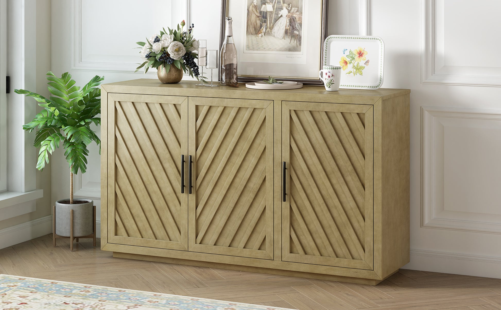 3 Door Large Storage Retro Sideboard with antique natural-solid wood+mdf