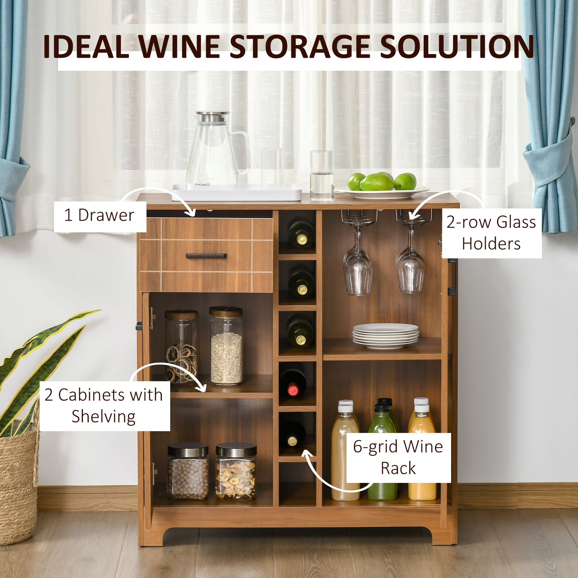 Homcom Retro Wine Cabinet For 6 Bottles, Wine Rack Sideboard Serving Bar With Glass Holders And 1 Drawer, Brown Brown Mdf