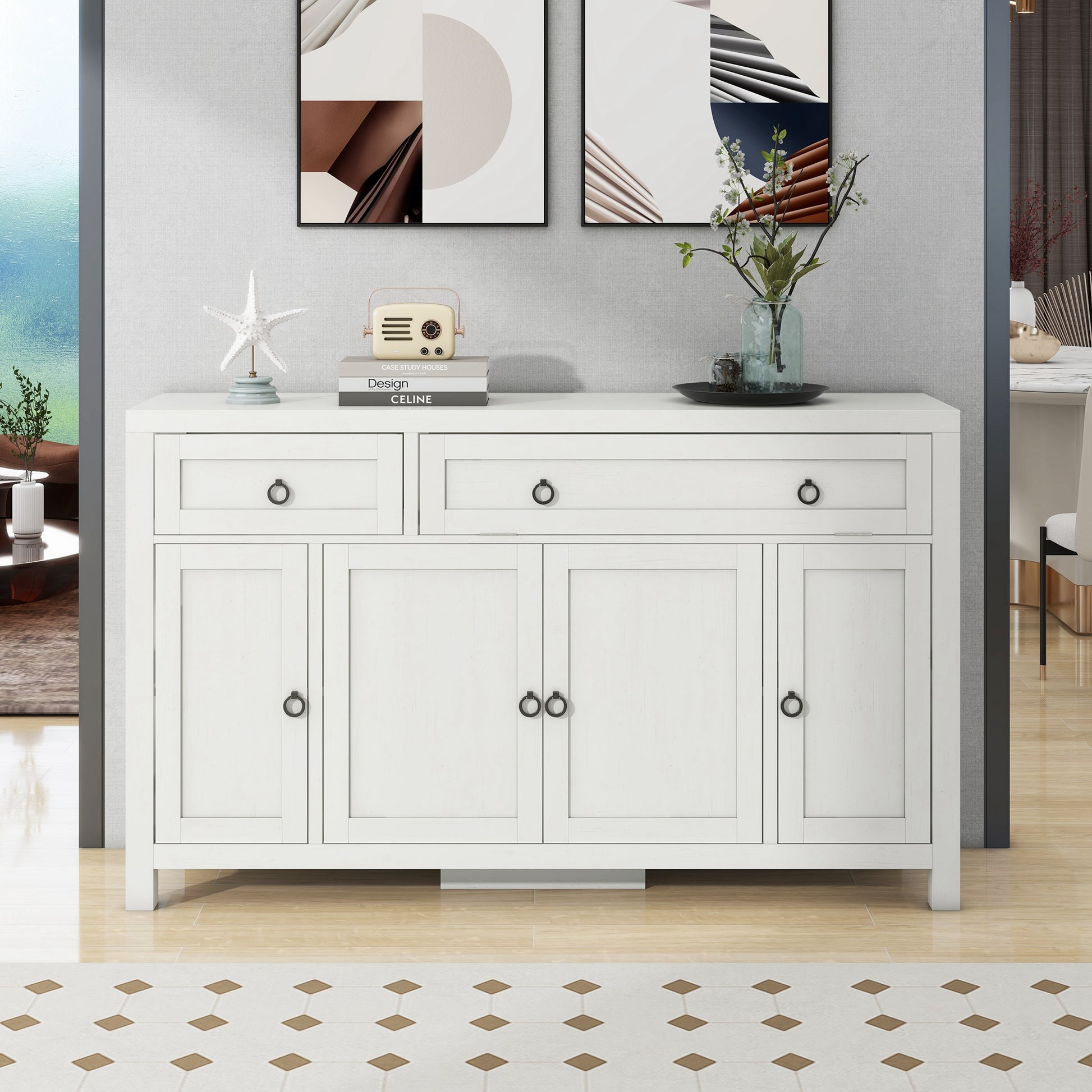 Retro Style Large Storage Space Sideboard With Flip Door And 1 Drawer, 4 Height Adjustable Cabinets, Suitable For Kitchen, Dining Room, Living Room Antique White Antique White Particle Board