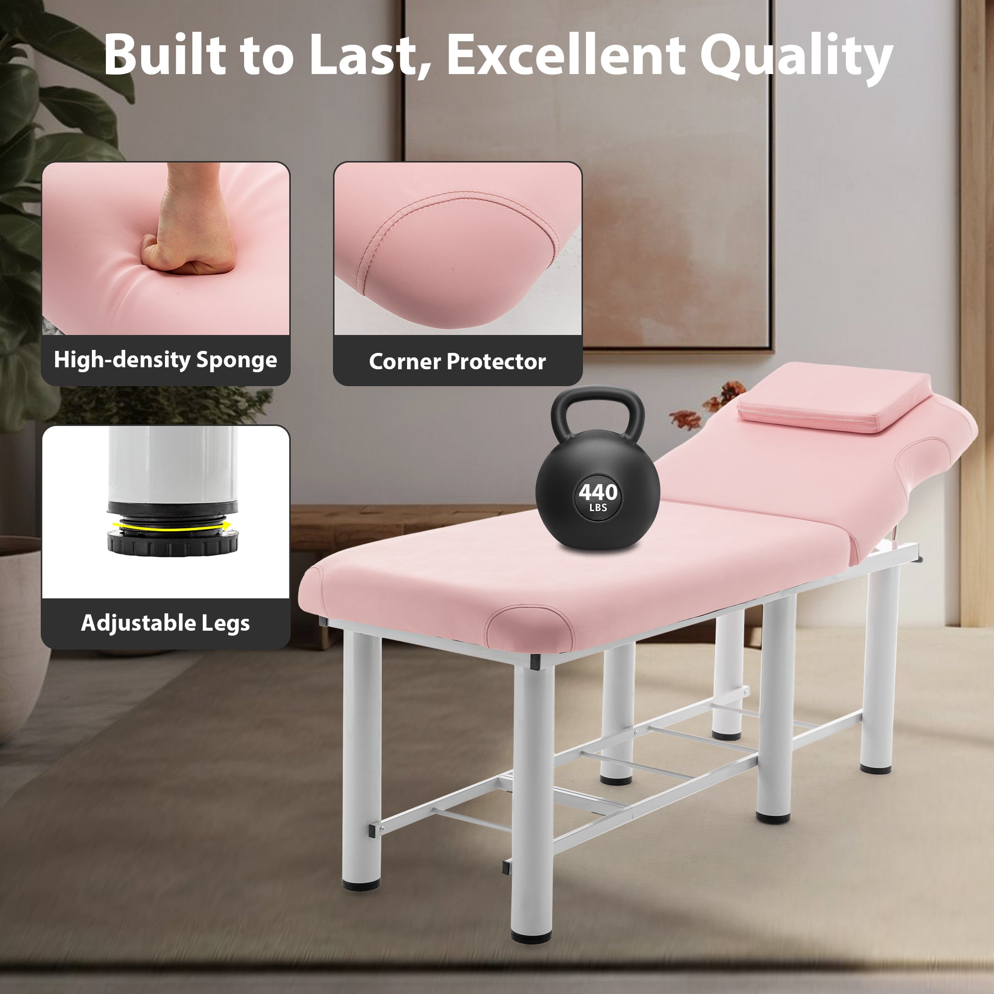 Professioanl Massage Tablebackrest Adjustable, Removable Headrest, Bottom Shelf Storagememory Foam Layer Salon Bed,Pink Pink Pu