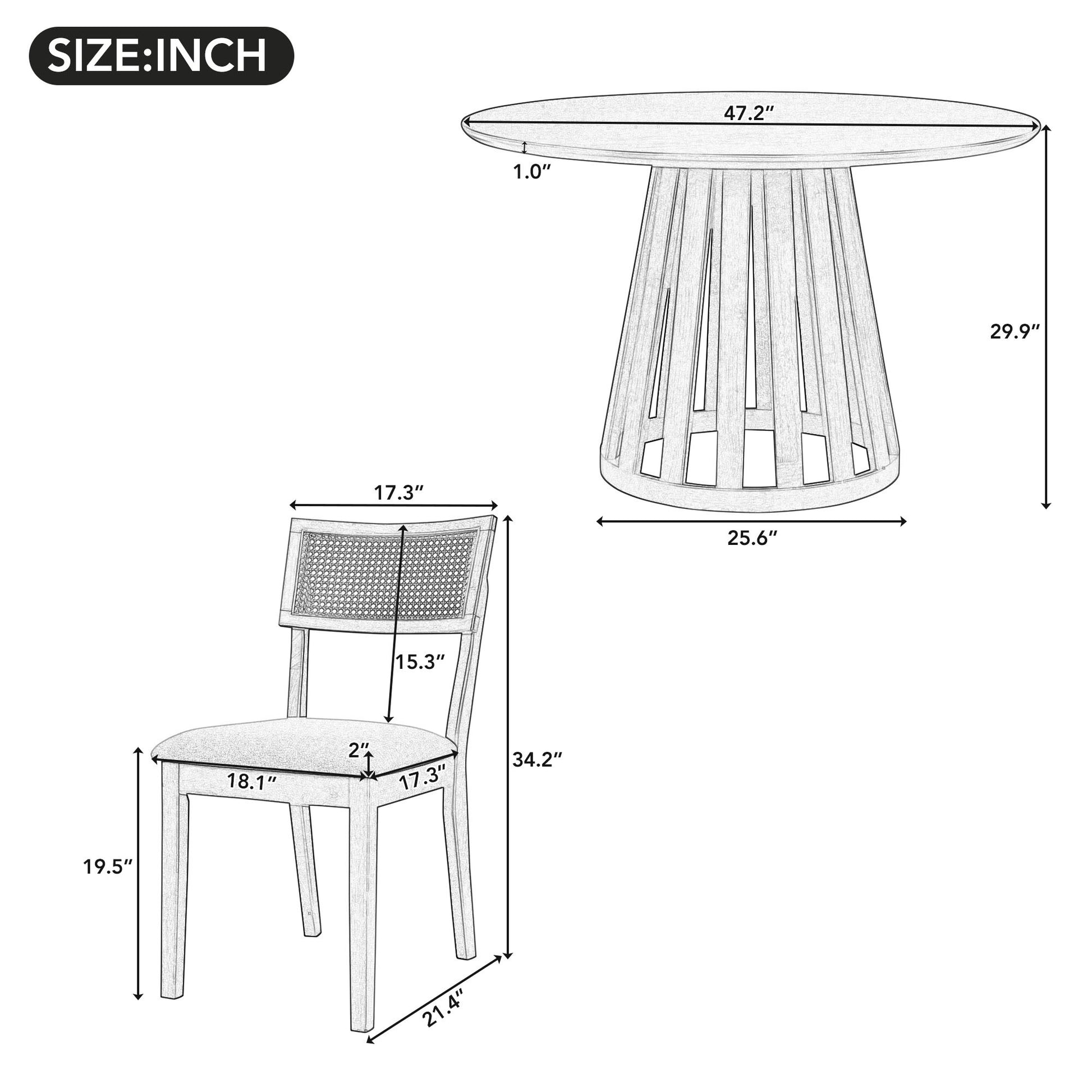 5 Piece Retro Dining Set With 1 Round Dining Table And 4 Upholstered Chairs With Rattan Backrests For Dining Room And Kitchen Walnut Walnut Solid Wood Mdf