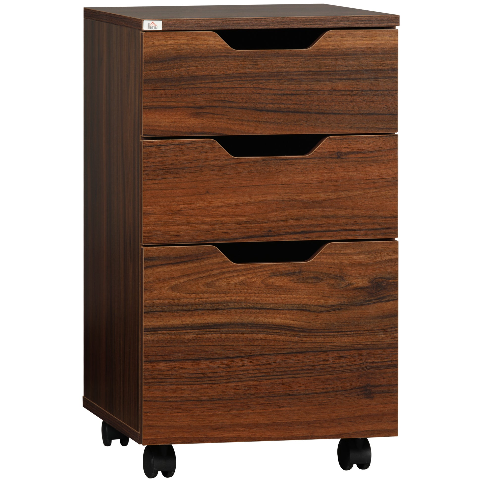 Homcom 3 Drawer Office Storage Cabinet, Under Desk Cabinet With Wheels, Brown Wood Grain Black Particle Board