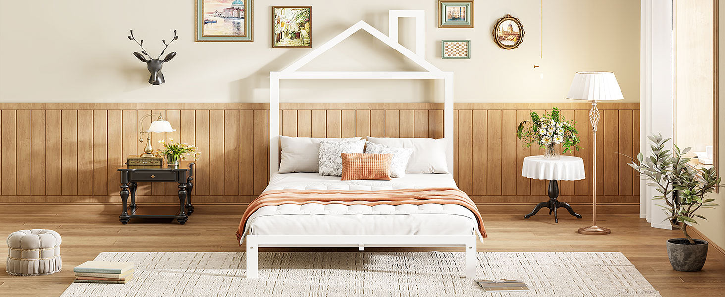 Twin Size Metal Platform Bed With House Shaped Headboard Design, White White Metal