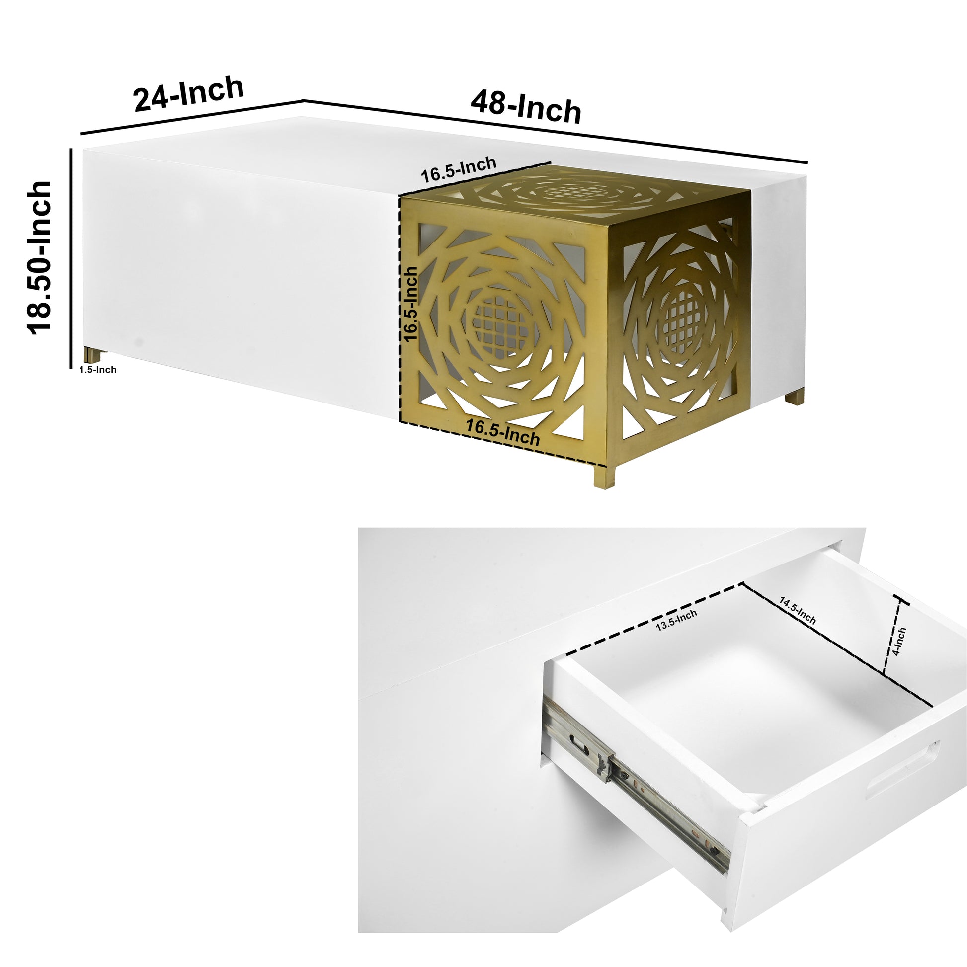 48 Inch Rectangular Modern Coffee Table With Geometric Cut Out Design, White And Brass Gold White Metal & Wood