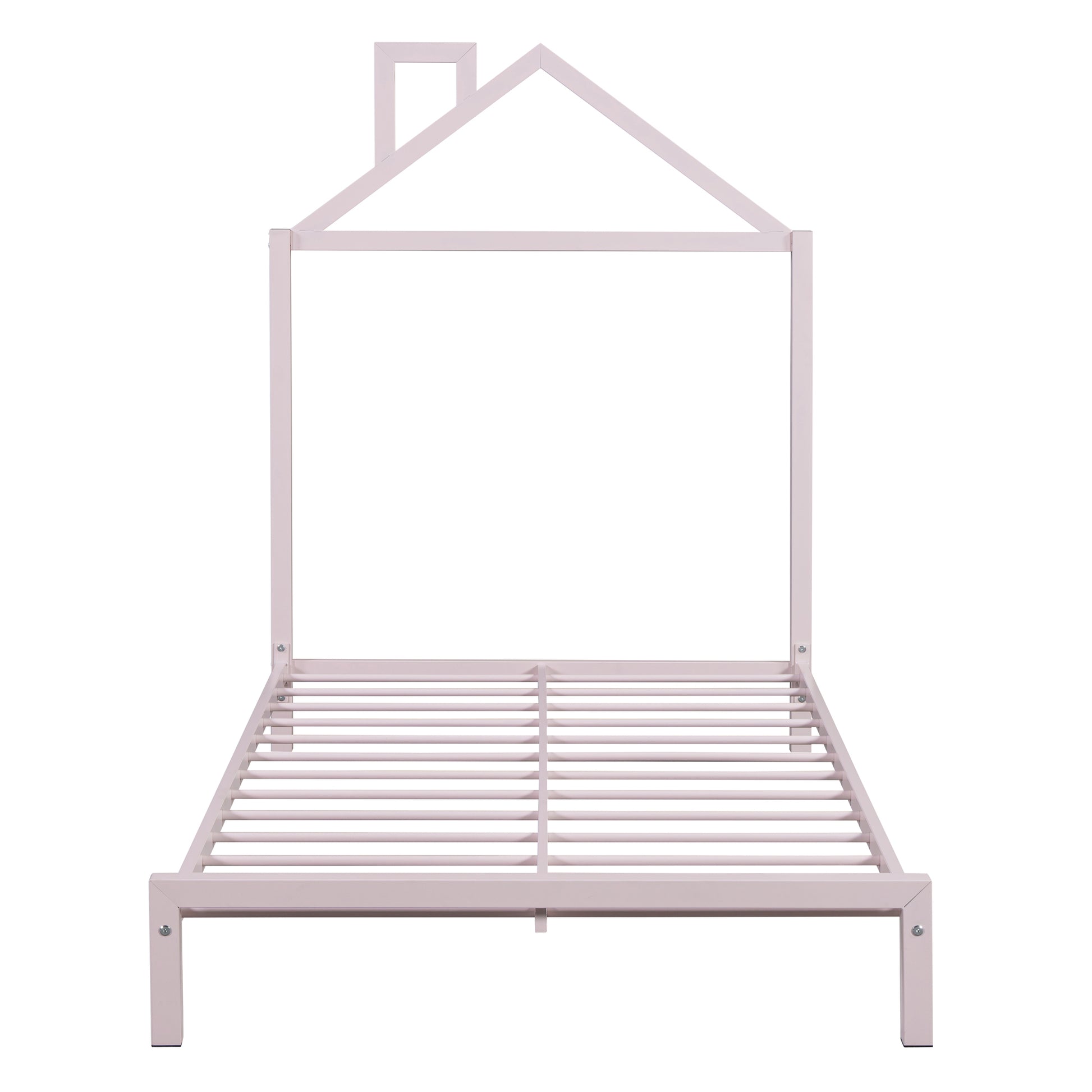 Twin Size Metal Platform Bed With House Shaped Headboard Design, Pink Pink Metal
