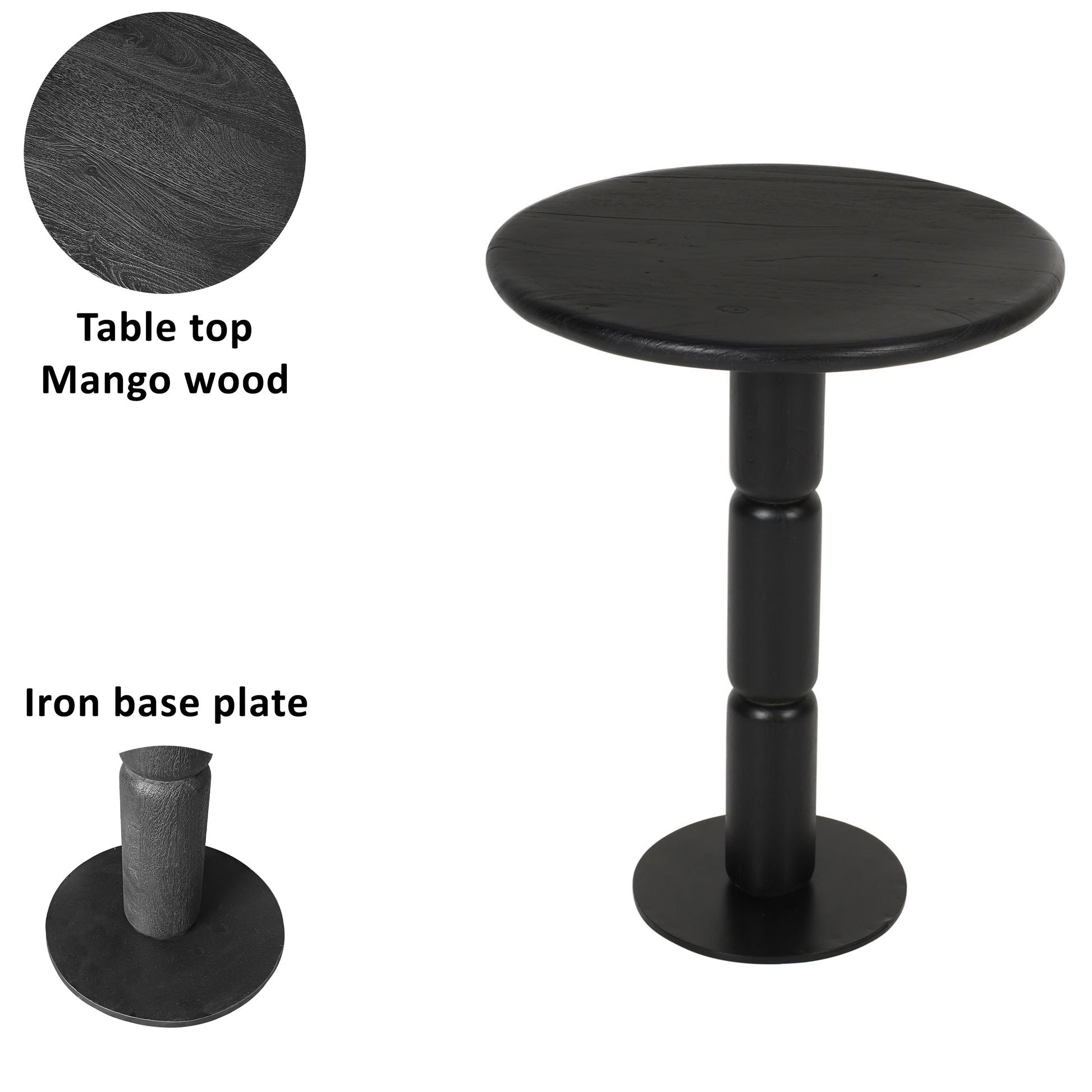 24 Inch Side End Table, Round Top With Turned Pedestal Base, Handcrafted Sandblasted Matte Black Black Metal & Wood