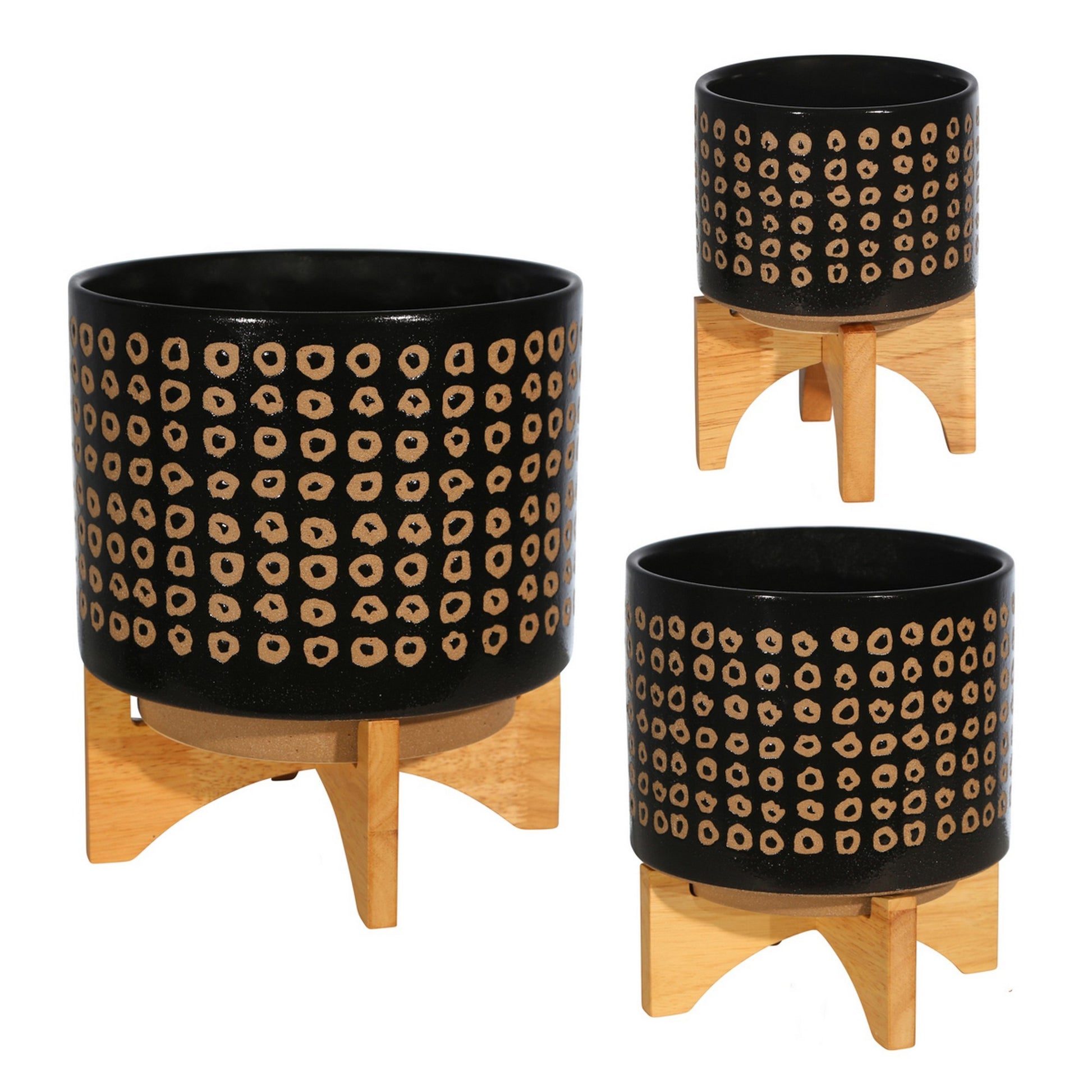 9 Inch Ceramic Round Planter, Wood Stand, Circular Pattern, Medium, Black Black Ceramic Mdf