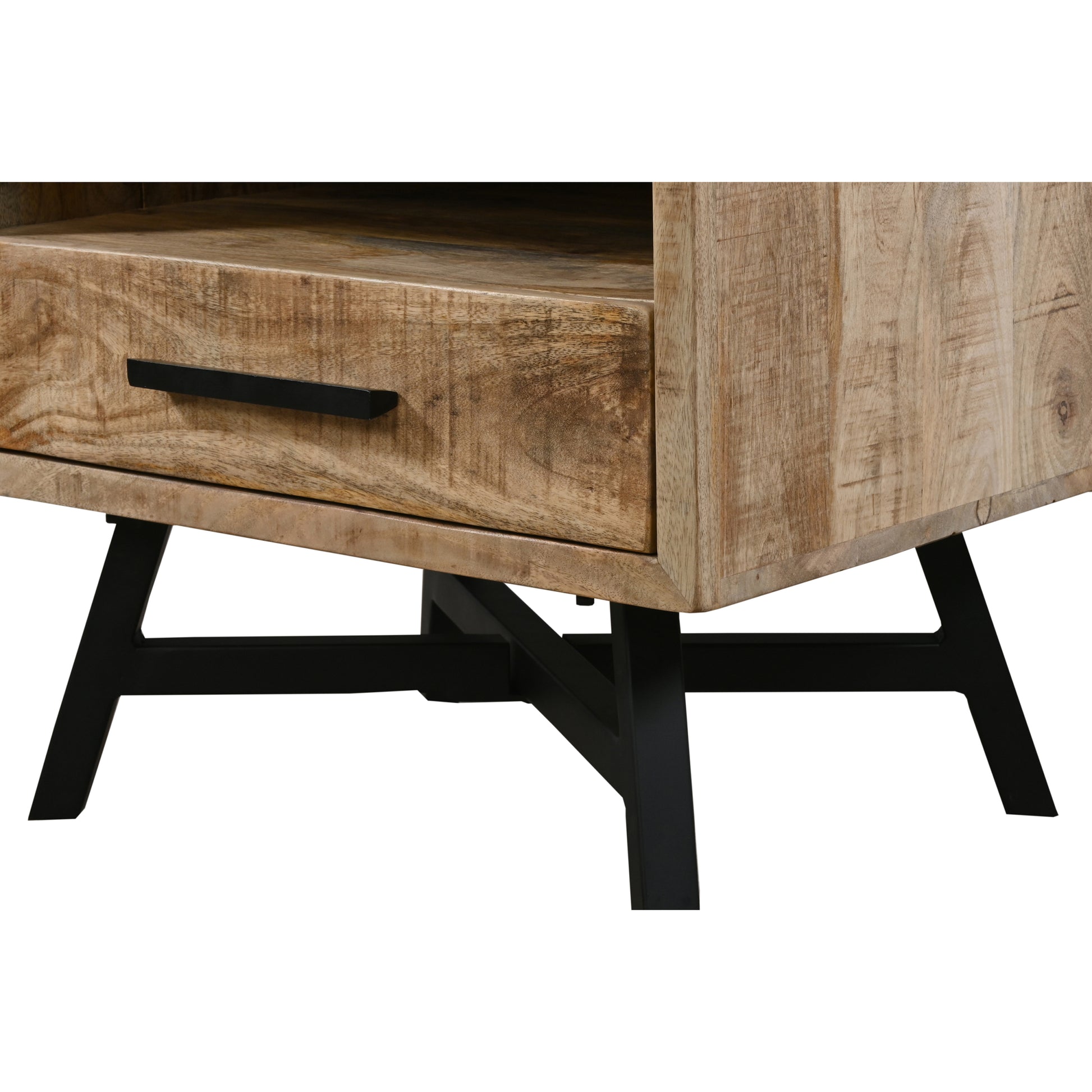 Bree 22 Inch Modern Rustic Single Drawer Nightstand, Brown Mango Wood Frame, Black Iron Angled Legs Brown Metal & Wood