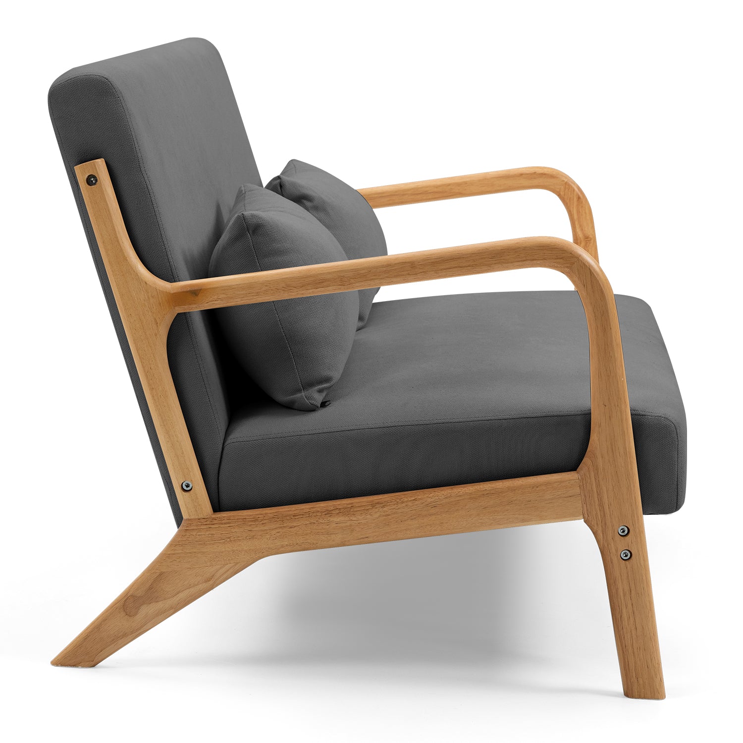 Leisure Chair With Solid Wood Armrest And Feet, Mid Century Modern Accent Sofa,2 Seat Dark Gray Linen