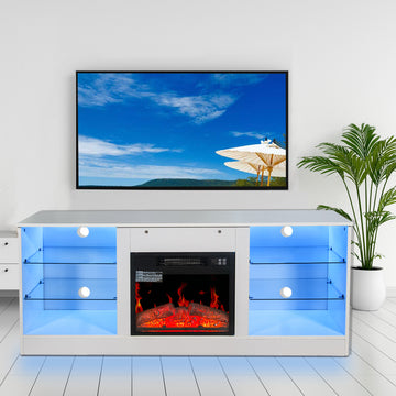 Fireplace Tv Stand With 18 Inch Electric Fireplace Heater,Modern Entertainment Center For Tvs Up To 62 Inch With Adjustable Glass Shelves And Storage Cabinets White White Mdf