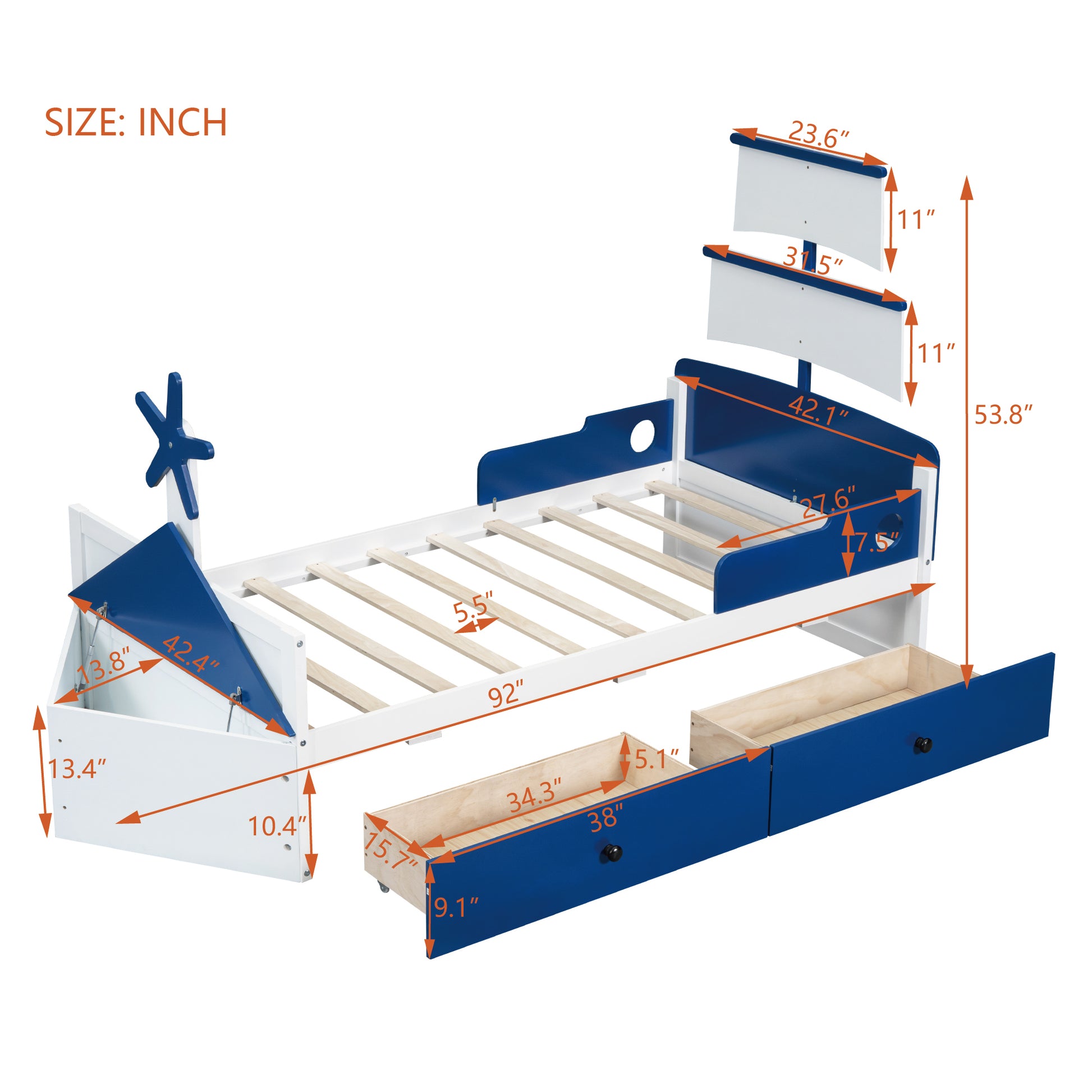 Twin Size Boat Shaped Platform Bed With 2 Drawers ,Twin Bed With Storage For Bedroom,Blue Blue Wood