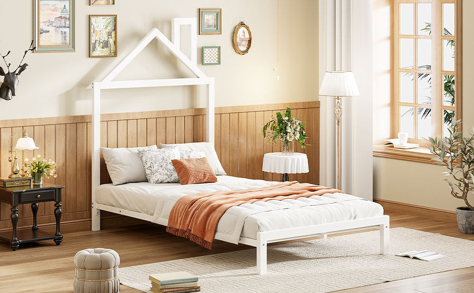 Twin Size Metal Platform Bed With House Shaped Headboard Design, White White Metal