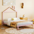 Full Size Metal Platform Bed With House Shaped Headboard Design, Pink Pink Metal
