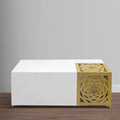 48 Inch Rectangular Modern Coffee Table With Geometric Cut Out Design, White And Brass Gold White Metal & Wood