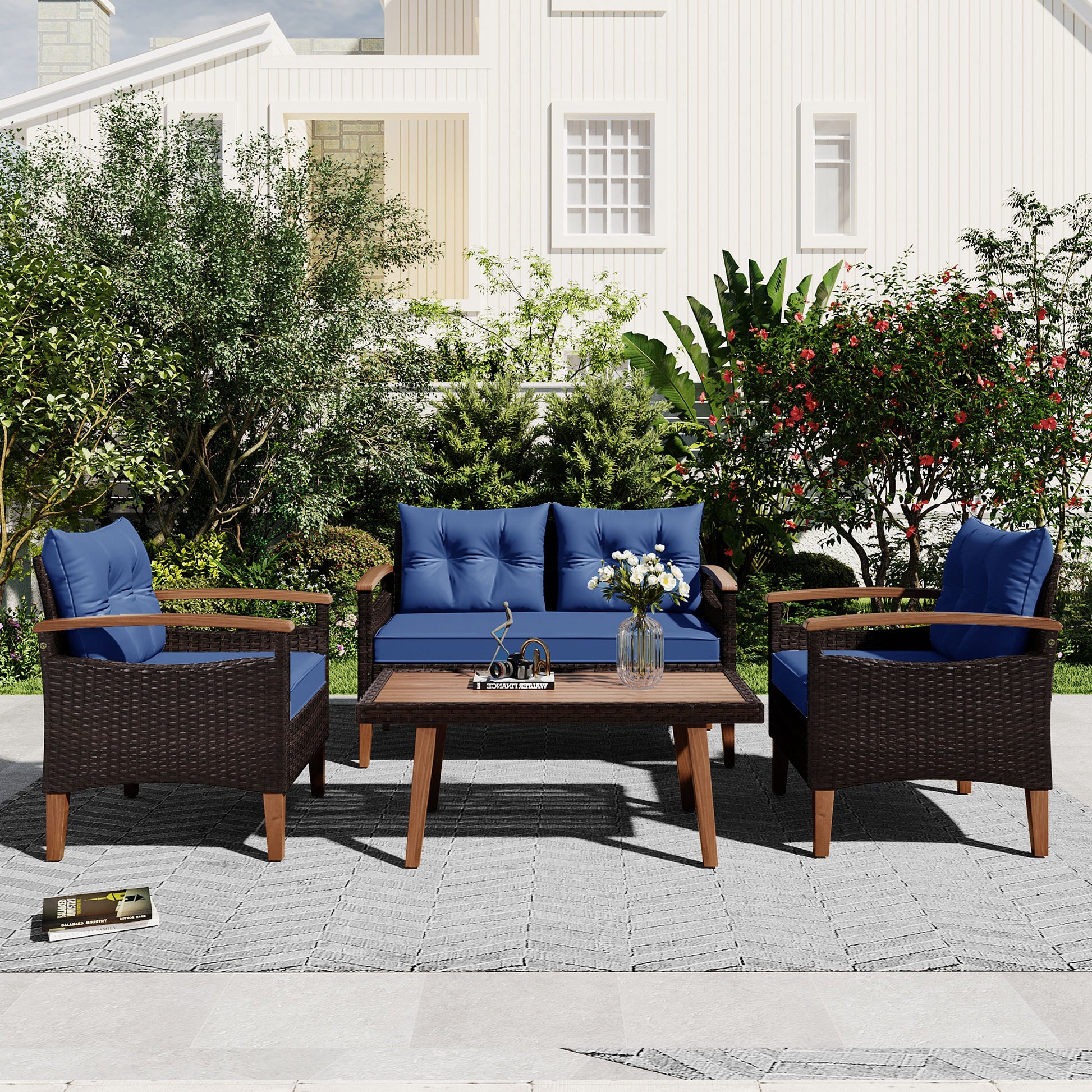 4 Piece Garden Furniture, Patio Seating Set, Pe Rattan Outdoor Sofa Set, Wood Table And Legs, Brown And Blue Yes Blue Shredded Polyurethane Foam Polyester,Wicker
