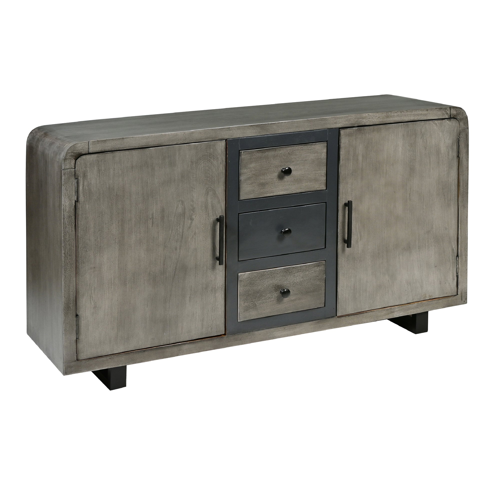 55 Inch Industrial Style Sideboard Console With 2 Cabinets, Iron Handles, Matte Gray Mango Wood Gray Metal & Wood