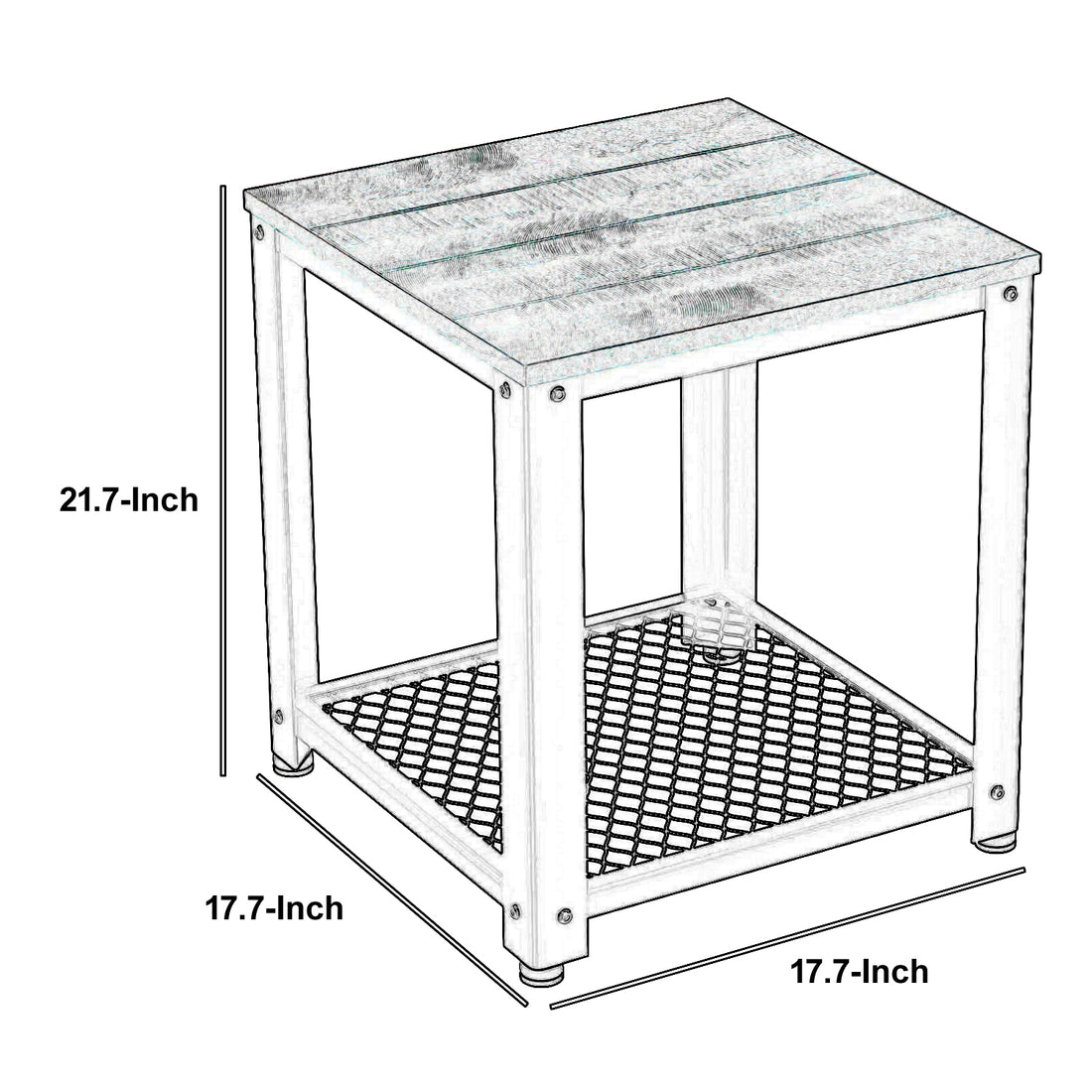 Matt 22 Inch Metal Framed End Side Table, Wood Top, Wire Mesh Open Shelf, Brown, Black Black Brown Wood Metal