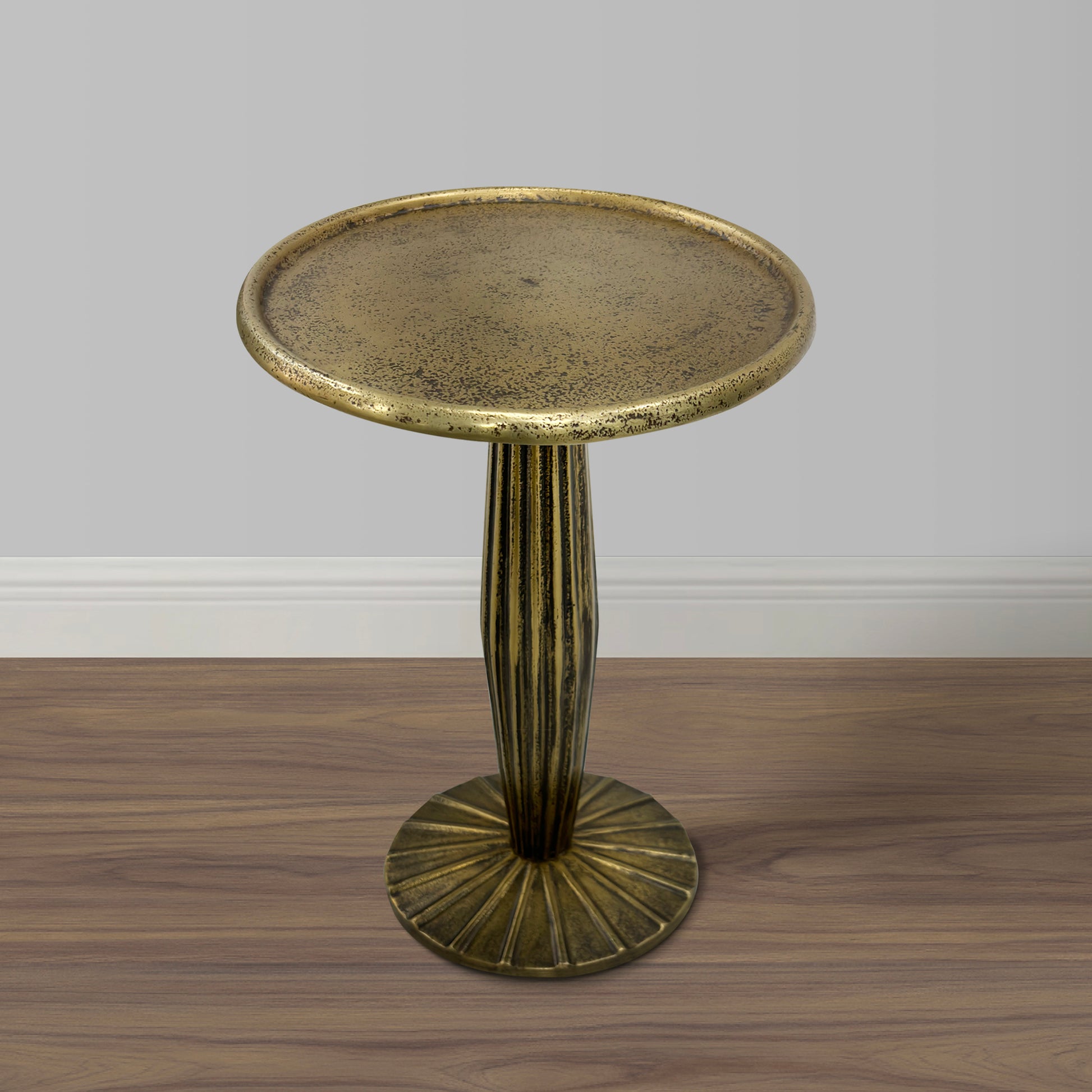 12 Inch Side End Drink Table, Fancy Fluted Base, Round Top, Antique Brass Antique Brass Aluminum