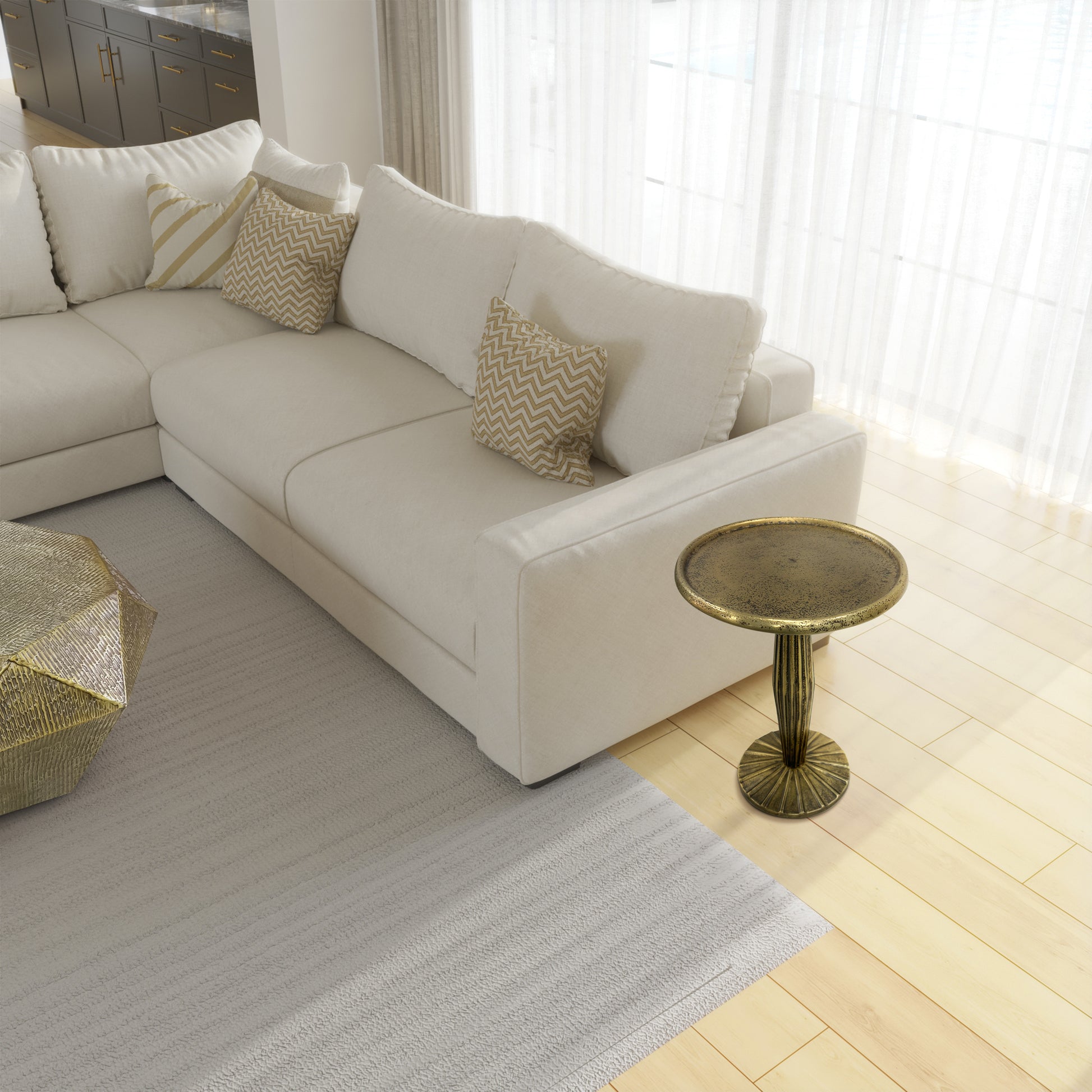 12 Inch Side End Drink Table, Fancy Fluted Base, Round Top, Antique Brass Antique Brass Aluminum