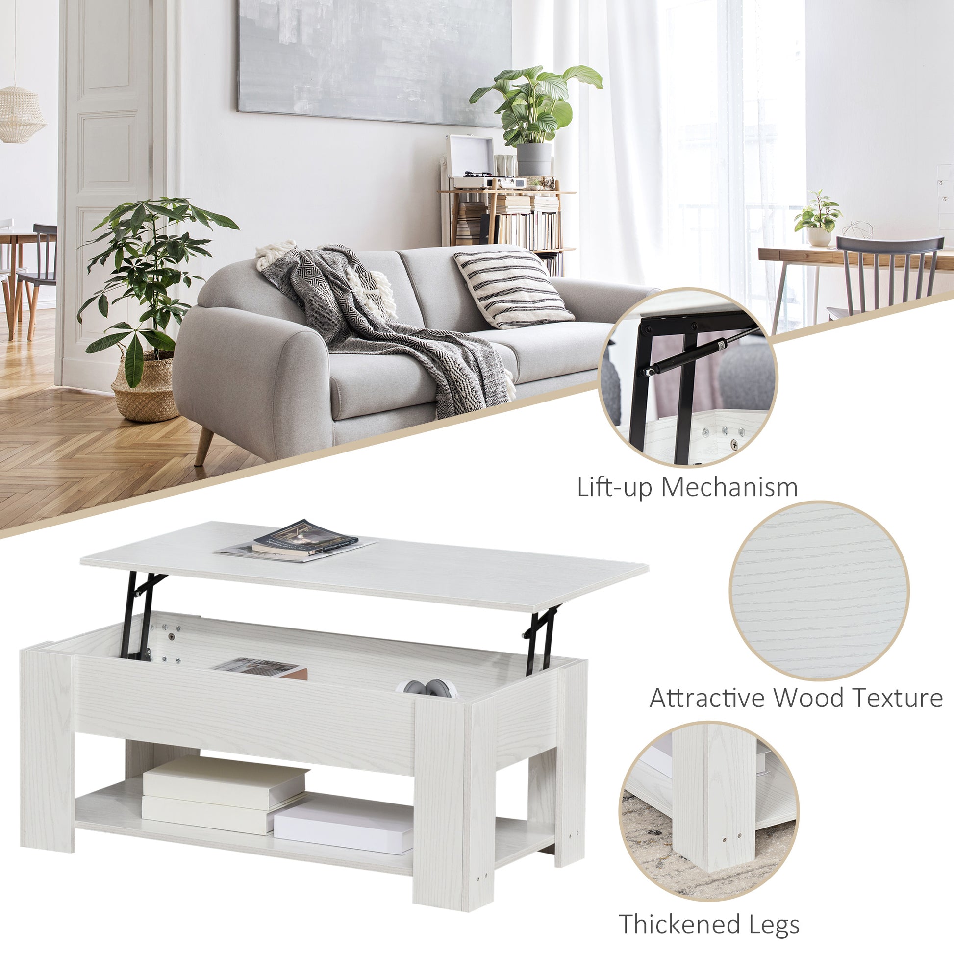 Homcom 39" Lift Top Coffee Table With Hidden Storage Compartment And Open Shelf, Pop Up Coffee Table For Living Room, White White Particle Board