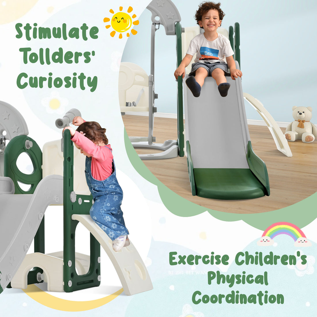 Toddler Slide And Swing Set 5 In 1, Kids Playground Climber Slide Playset With Telescope, Freestanding Combination For Babies Indoor & Outdoor Green Hdpe