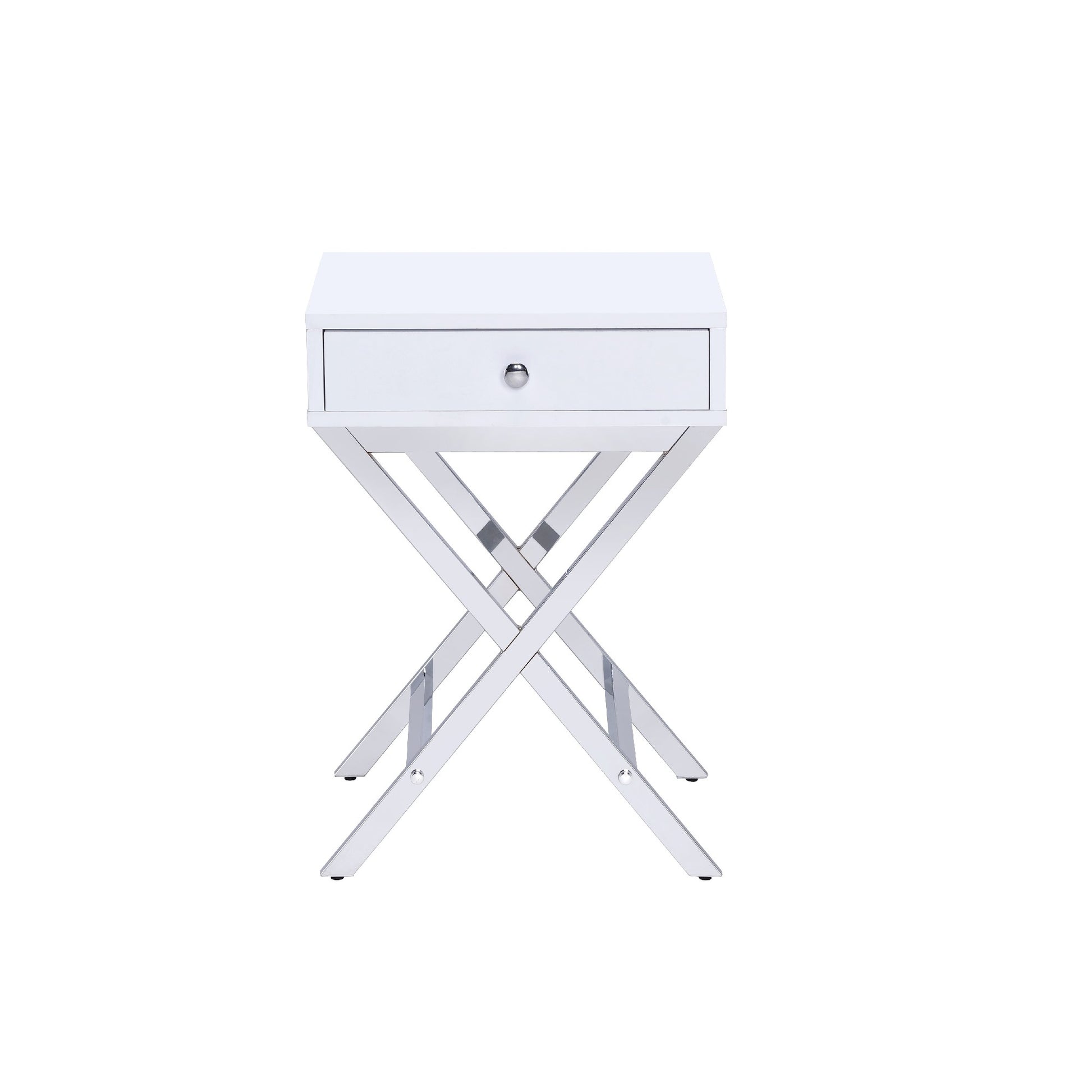 Wood And Metal Side Table With Crossed Base, White And Silver White Silver Wood Metal