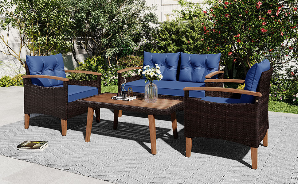 4 Piece Garden Furniture, Patio Seating Set, Pe Rattan Outdoor Sofa Set, Wood Table And Legs, Brown And Blue Yes Blue Shredded Polyurethane Foam Polyester,Wicker