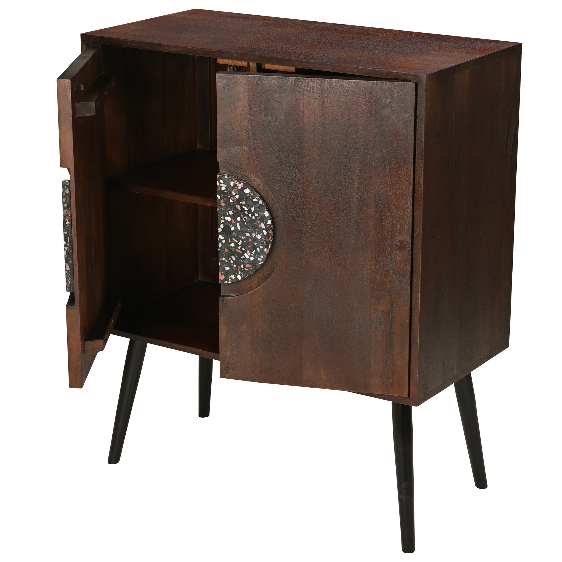 37 Inch 2 Door Mango Wood Sideboard Cabinet, Terrazzo Stone, Sandblasted Red Oak Finish, Black Legs Red Black Buffalo Check Metal & Wood