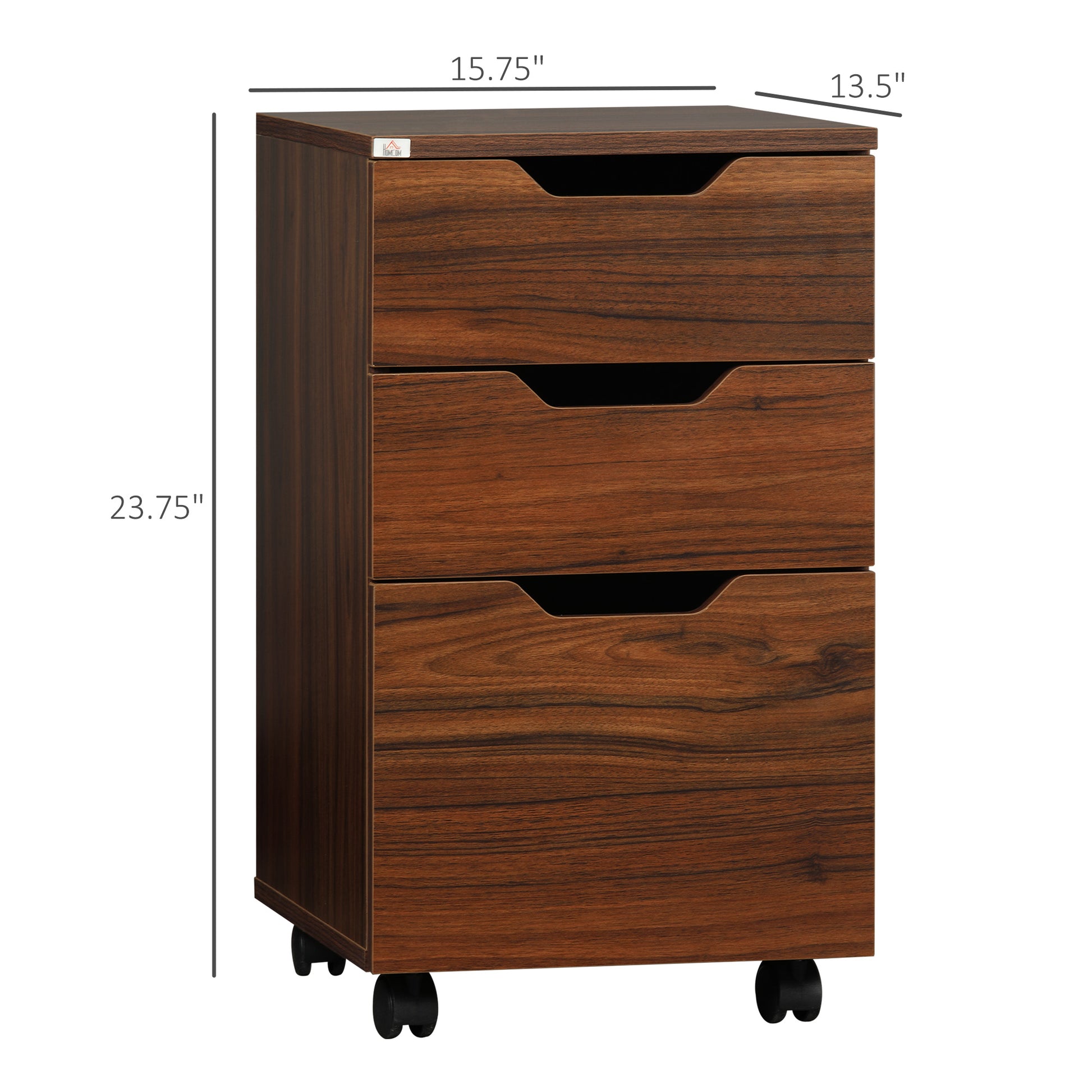 Homcom 3 Drawer Office Storage Cabinet, Under Desk Cabinet With Wheels, Brown Wood Grain Black Particle Board