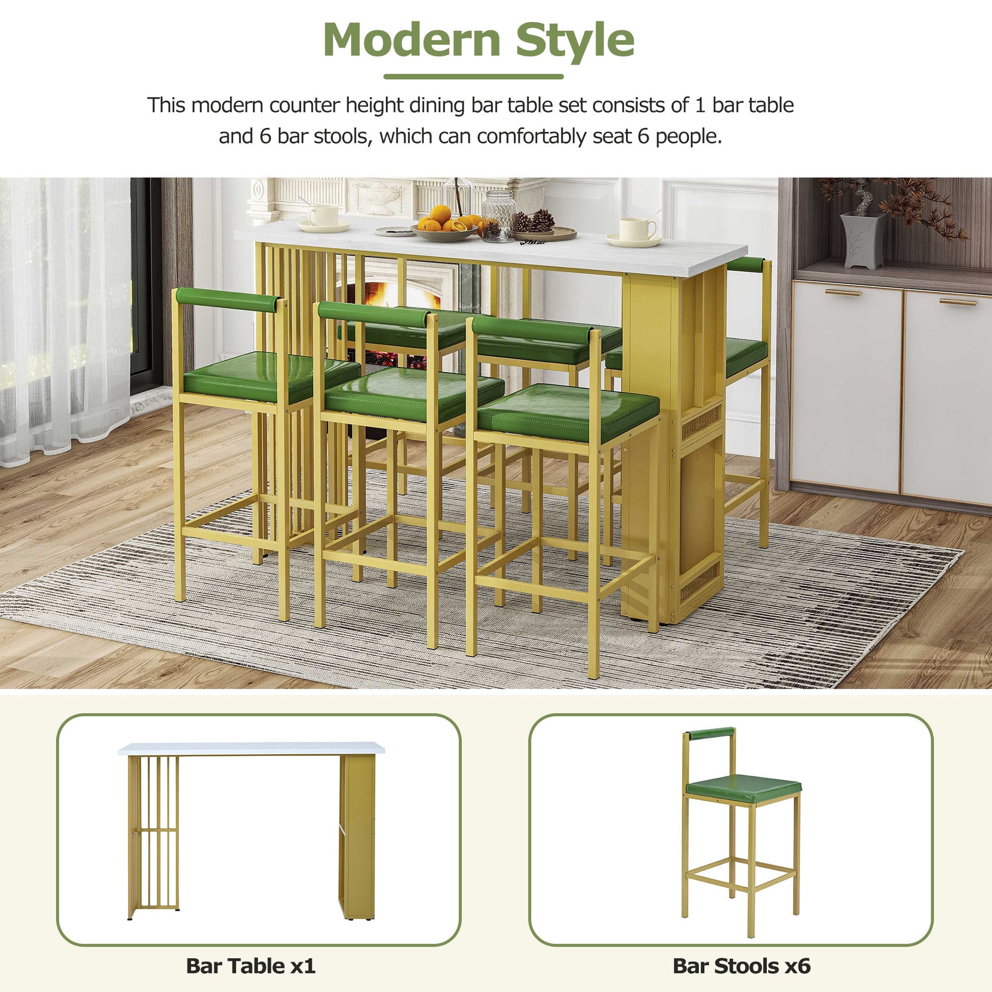 7 Piece Multi Functional Modern Counter Height Dining Bar Table Set With Open Shelves And 6 Upholstered Stools For Dining Room, Bar And Cafe White And Green White Green Mdf Metal