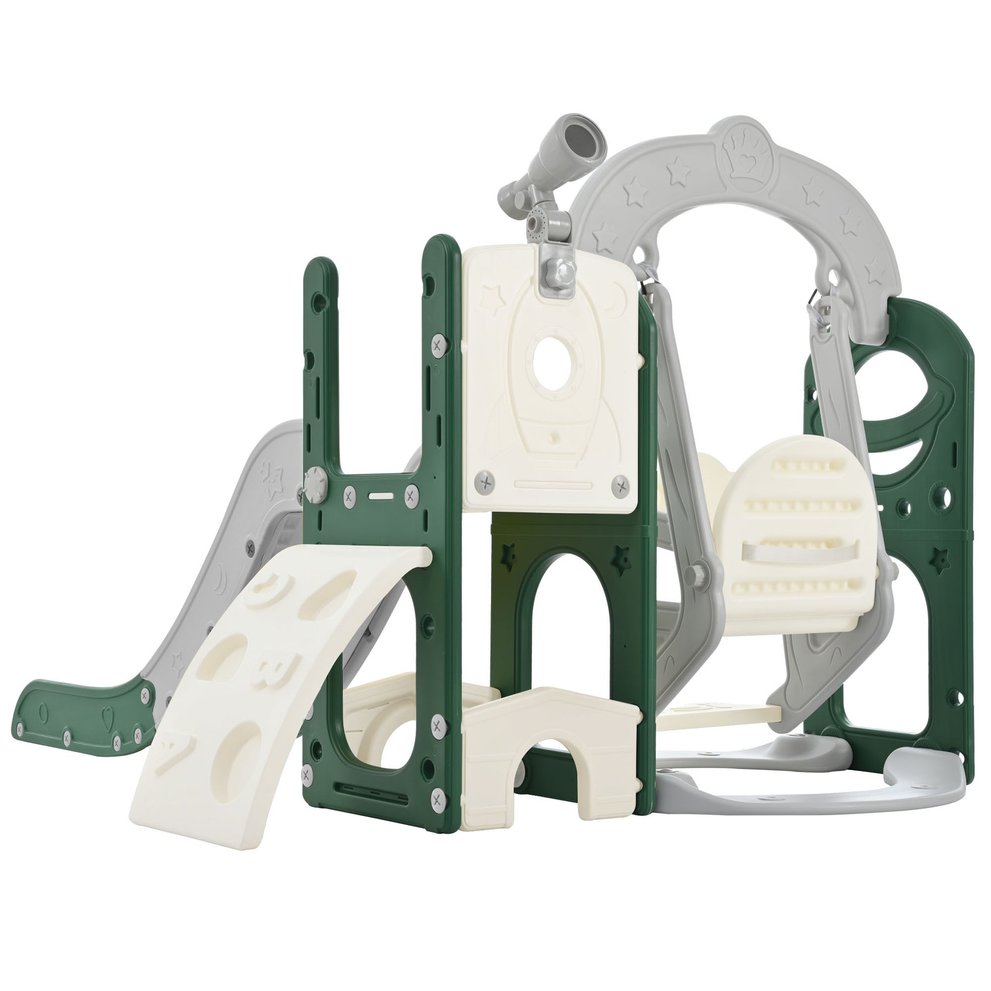 Toddler Slide And Swing Set 5 In 1, Kids Playground Climber Slide Playset With Telescope, Freestanding Combination For Babies Indoor & Outdoor Green Hdpe