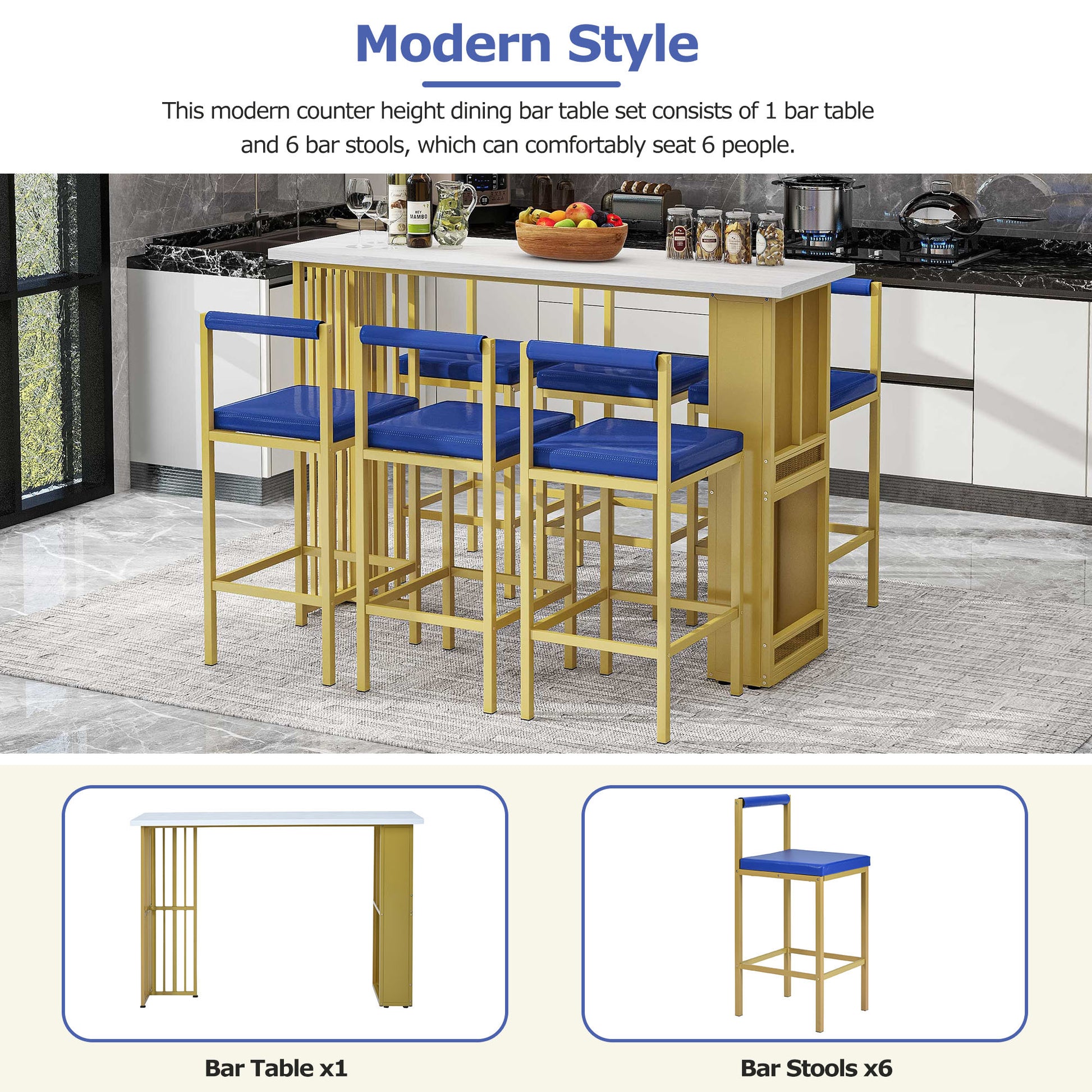 7 Piece Multi Functional Modern Counter Height Dining Bar Table Set With Open Shelves And 6 Upholstered Stools For Dining Room, Bar And Cafe White And Blue White Blue Mdf Metal