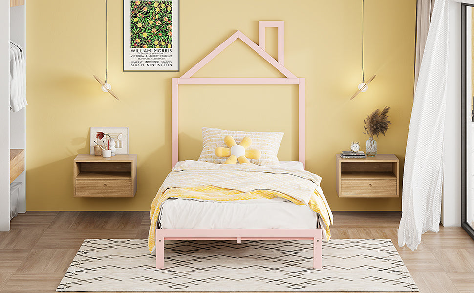 Twin Size Metal Platform Bed With House Shaped Headboard Design, Pink Pink Metal