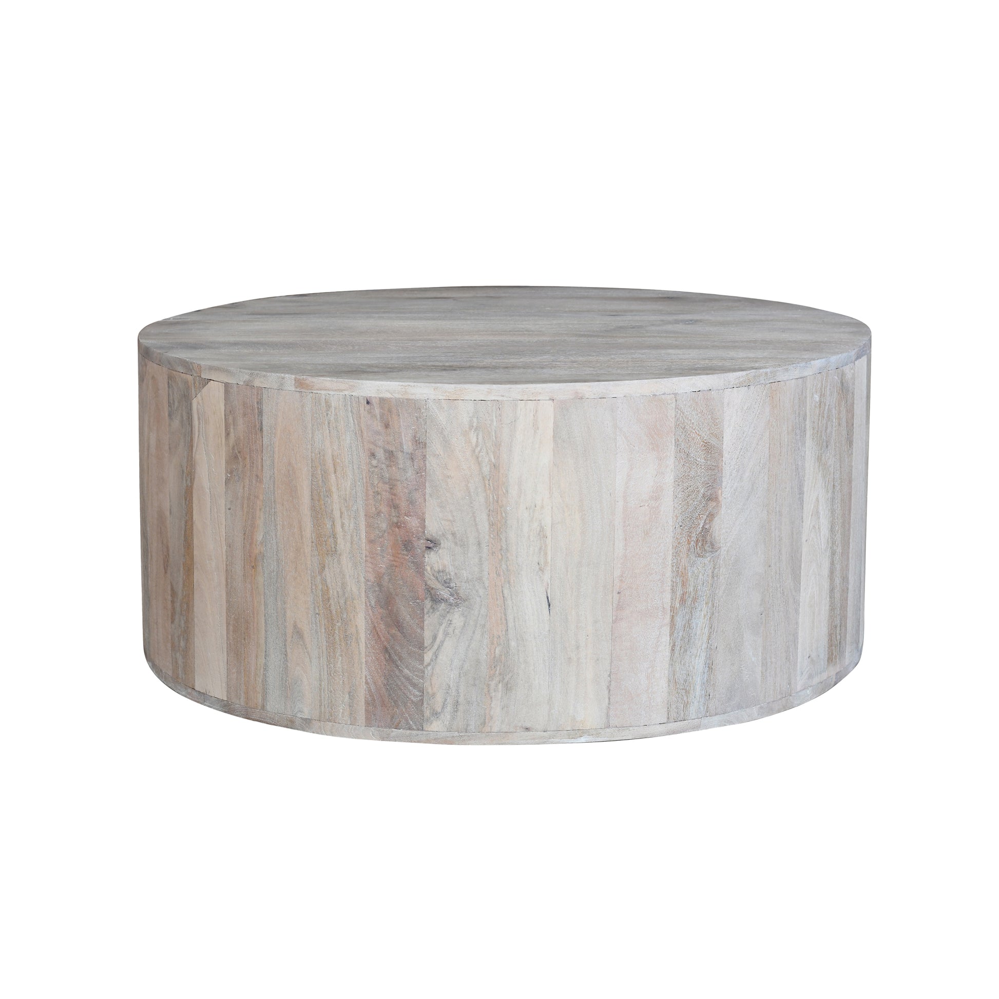 36 Inch Coffee Table, Handcrafted Drum Shape, Sandblasted Washed White Mango Wood White Solid Wood