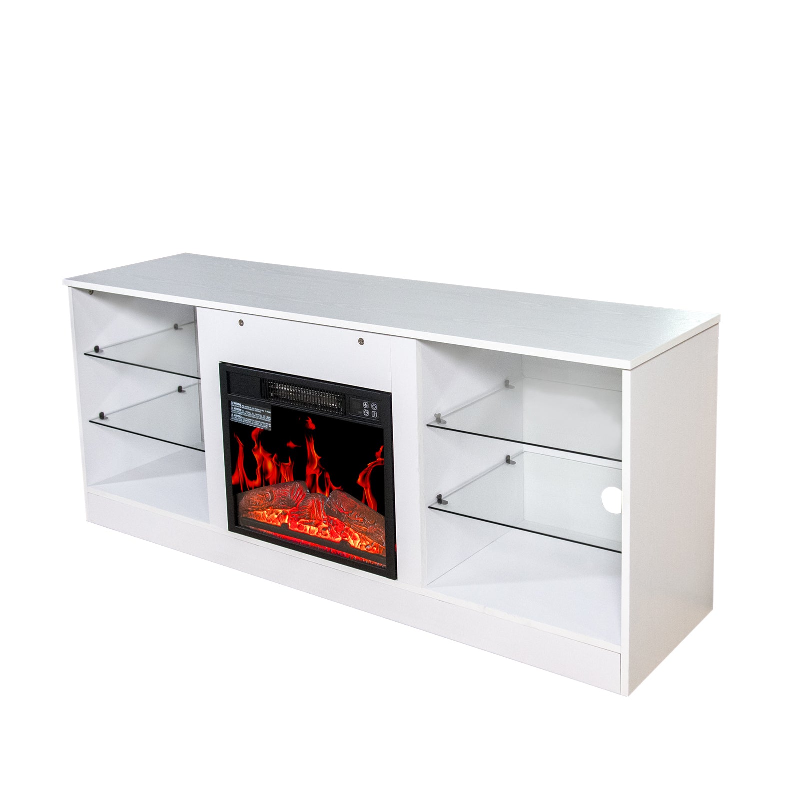 Fireplace Tv Stand With 18 Inch Electric Fireplace Heater,Modern Entertainment Center For Tvs Up To 62 Inch With Adjustable Glass Shelves And Storage Cabinets White White Mdf