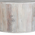 36 Inch Coffee Table, Handcrafted Drum Shape, Sandblasted Washed White Mango Wood White Solid Wood