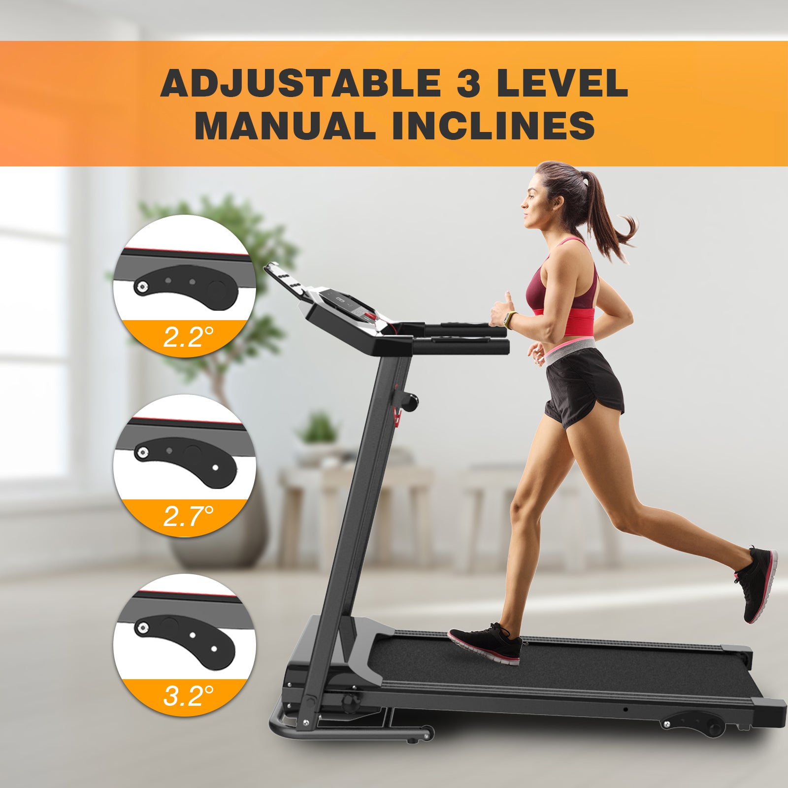 Motorized Electric Treadmill For Home 3 Level Manual Inclination & Foldable Running Machine With 12 Programs With Phone Holder Indoor Fitness Black Handheld Foldable Office American Design Multifunctional Abs Steel Q235