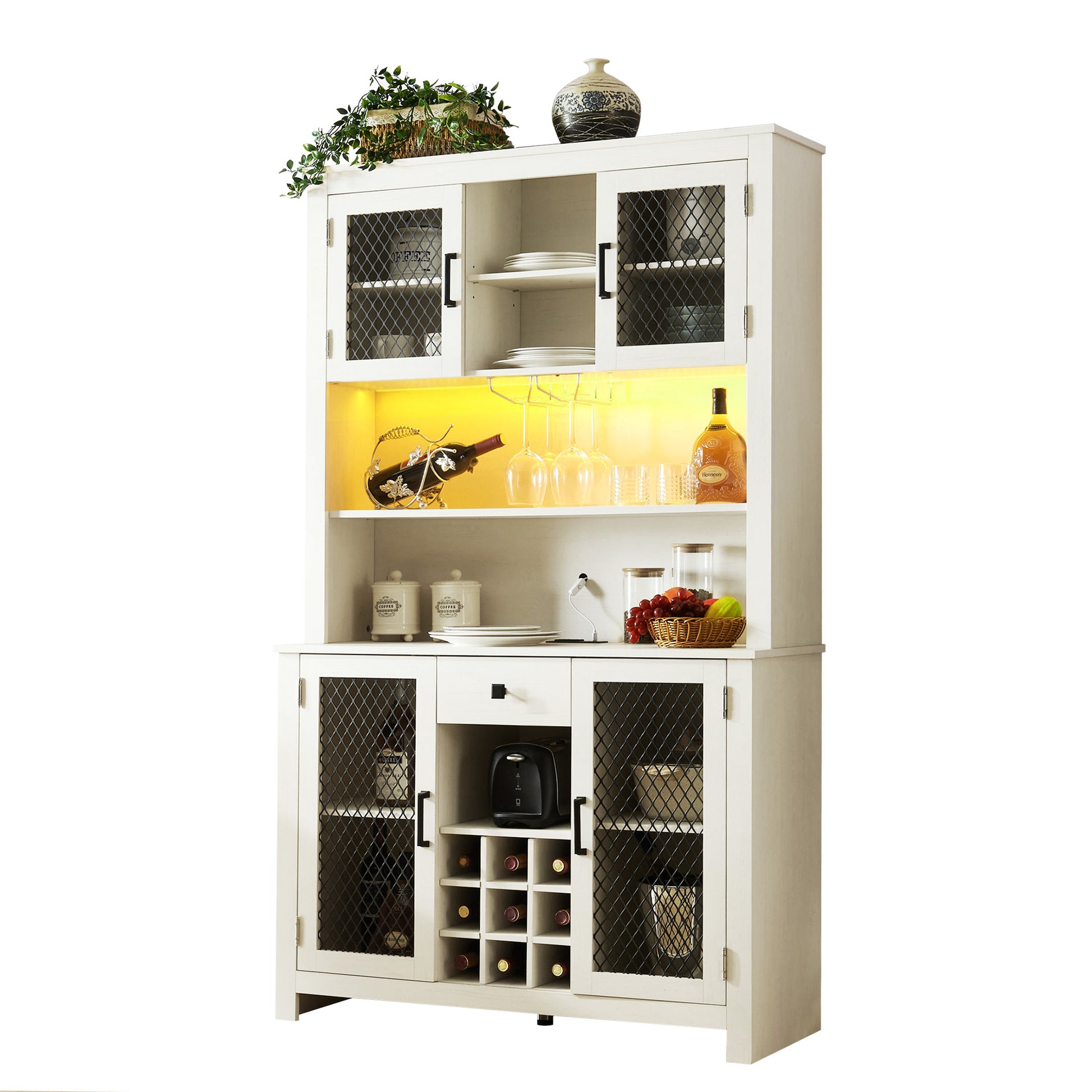 70" Kitchen Pantry Storage Cabinet Rustic Buffet Cabinet, Kitchen Hutch Cabinet With Led Outlets Food Pantry Cabinet With Doors And Shelves Wine Rack For Dining Room, Antique White Antique White Dining Room Classic Mdf