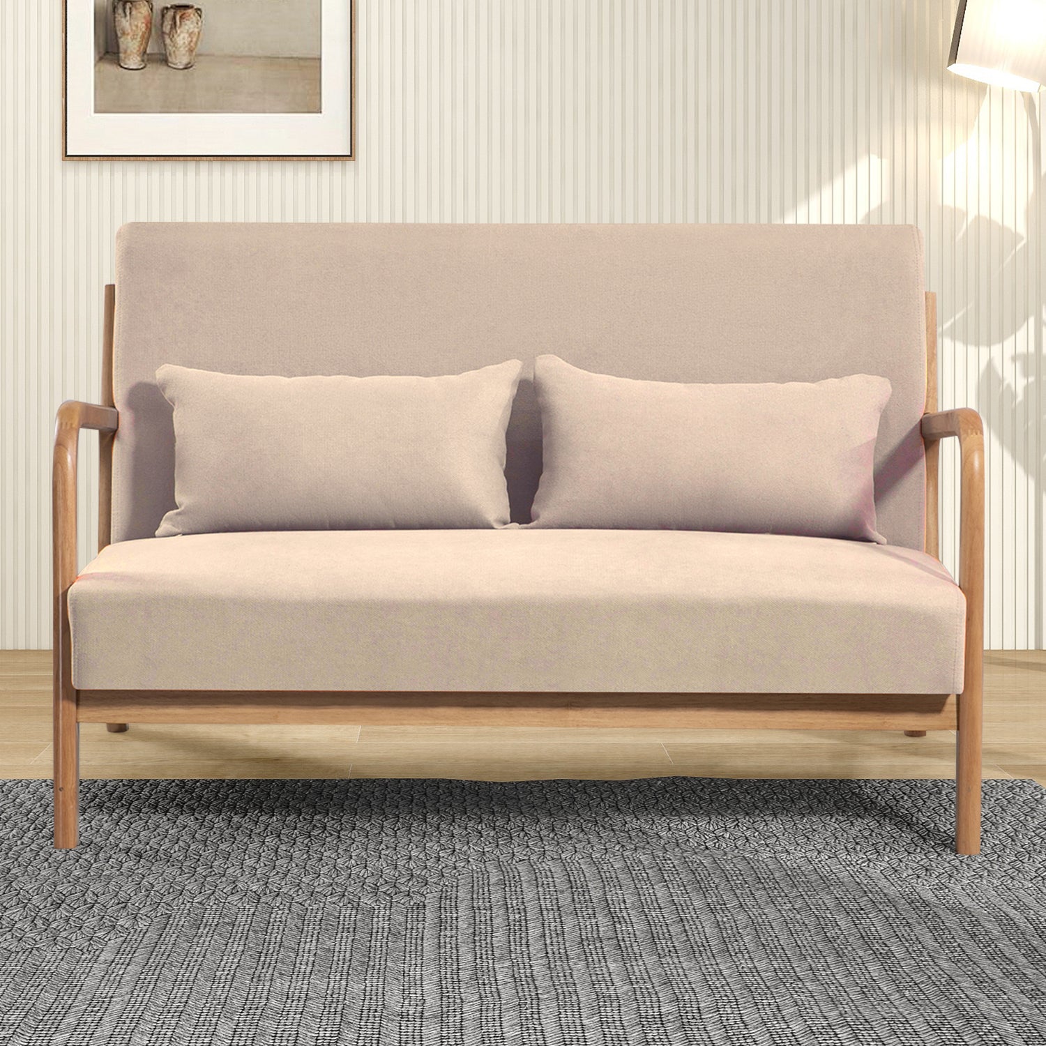 Leisure Chair With Solid Wood Armrest And Feet, Mid Century Modern Accent Sofa,2 Seat Beige Linen