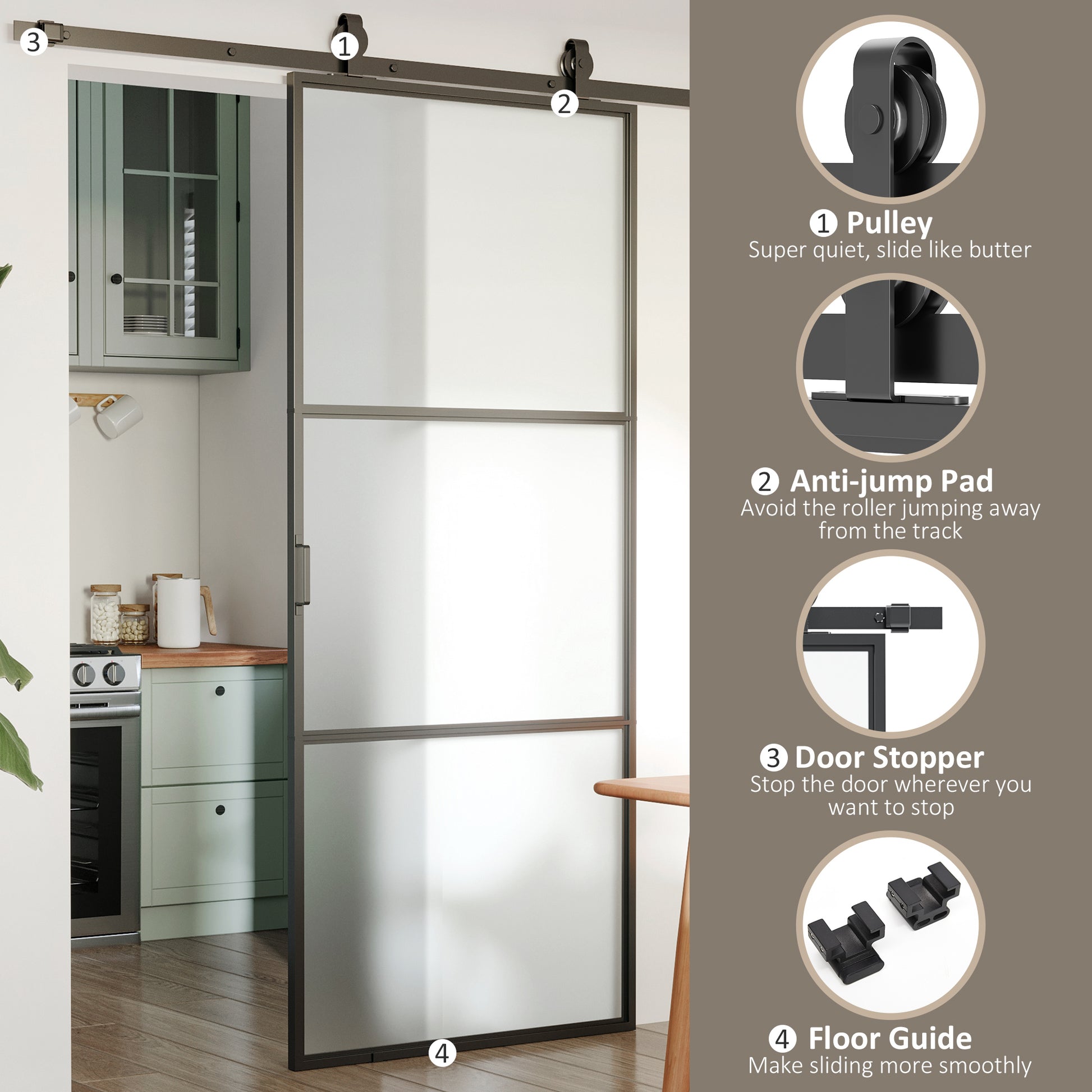 Homcom 36" X 84" Sliding Door With Hardware Kit, Handle, & Track, Industrial Frosted Tempered Glass Door With Carbon Steel, Easy Installation Black Carbon Steel