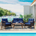 4 Piece Garden Furniture, Patio Seating Set, Pe Rattan Outdoor Sofa Set, Wood Table And Legs, Brown And Blue Yes Blue Shredded Polyurethane Foam Polyester,Wicker